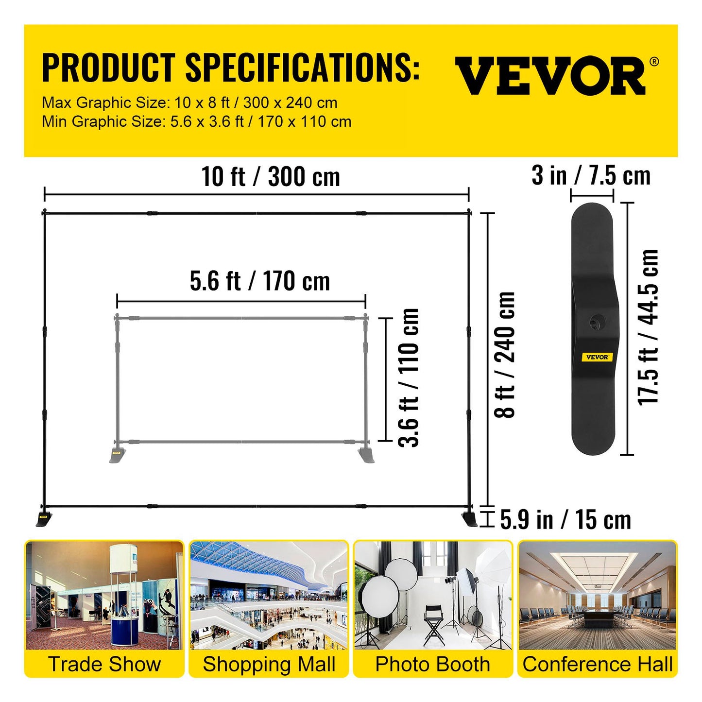 Step and Repeat 243.8 x 243.8 cm - 304.8 x 243.8 cm Backdrop Banner Stand Adjustable Telescopic Height and Width Retractable Banner Stand with Carrying Bag