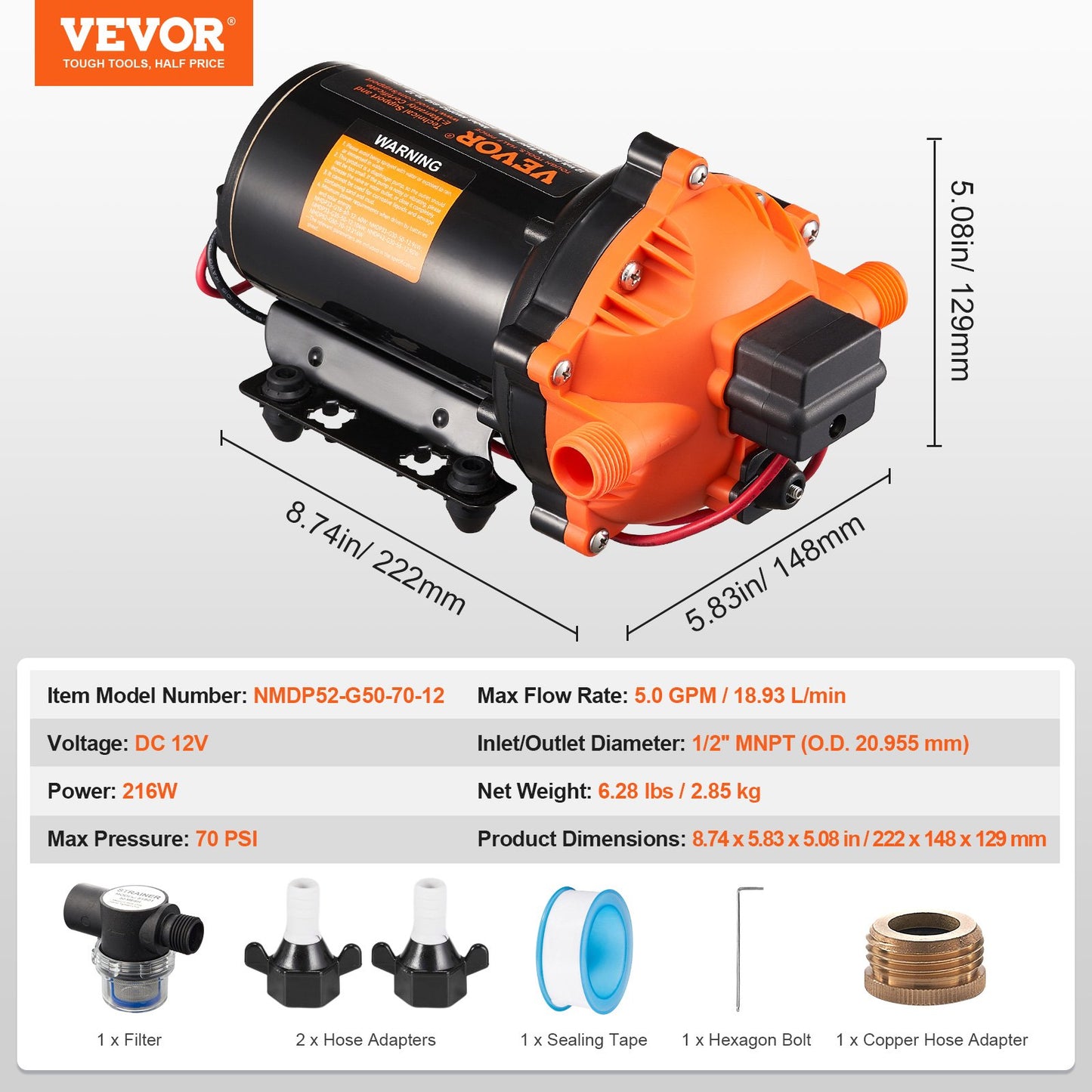 12V membranpump, 5 GPM (18,93 L/min), 5-kammars 12V DC vattenpump med automatisk tryckbrytare 2,7–6,9 bar (40–100 PSI) justerbar, 12,7 mm (1/2 tum) MNPT-port, för jordbruksbevattning, dränering av byggarbetsplatser