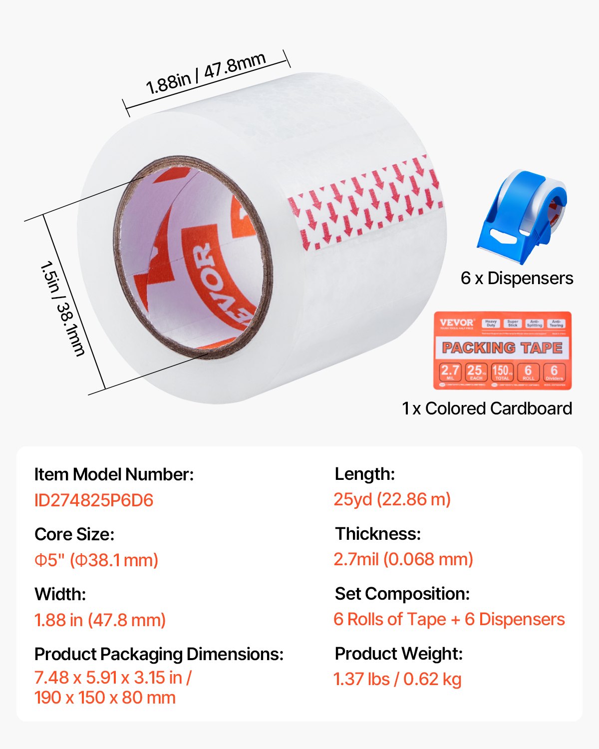 Genomskinlig packtejp, 3,8 cm kärna, 6 rullar 5,8 cm x 7,25 meter packtejp med dispenser, 2,7 mm kraftig packtejp utformad för flytt, förvaring och packning, frakt och utskick