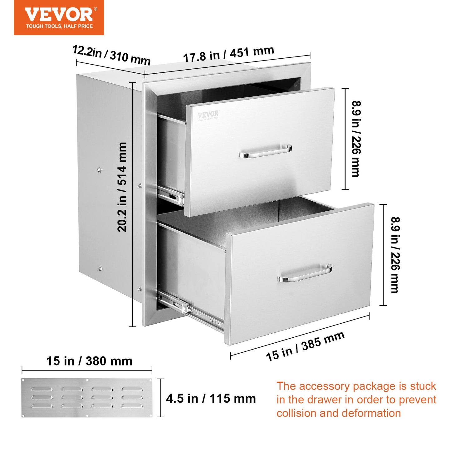 Utomhuskökslådor 18B x 20,6H x 12,7D tum, infällda dubbla grilllådor i rostfritt stål med handtag, grillö för utomhuskök eller uteplatsgrillstation