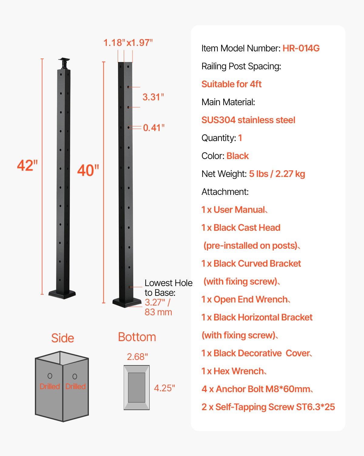 Kabelräckesstolpe, 42x1x2 tums hörnräckesstolpe, med L-formade förborrade hål, kabelräckesstolpe i rostfritt stål med horisontellt och böjt fäste, 1-pack, svart, 1JZLGZXHS10607YXO001V0