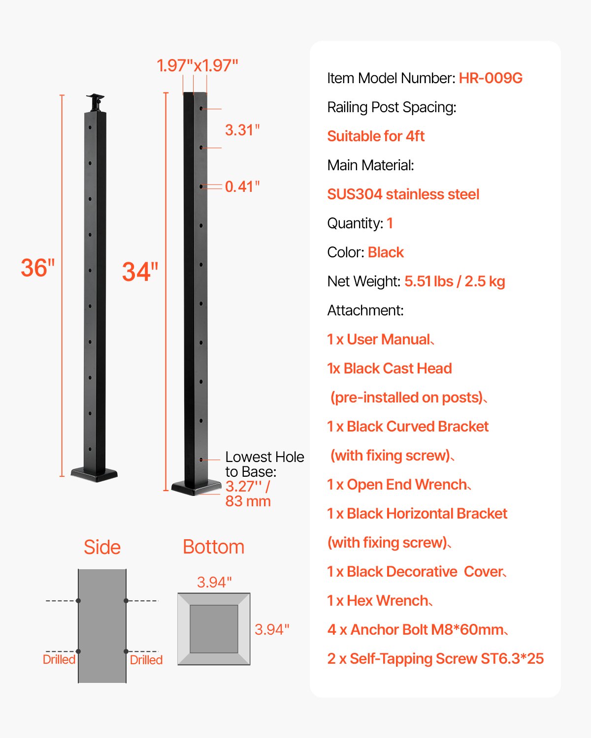 1-pack kabelräckesstolpe, 36x2x2 tum horisontellt hål för däckräcke med förborrade hål, kabelräckesstolpe i rostfritt stål med horisontellt och böjt fäste, svart, 1JZLGZXHS9148RVYS001V0