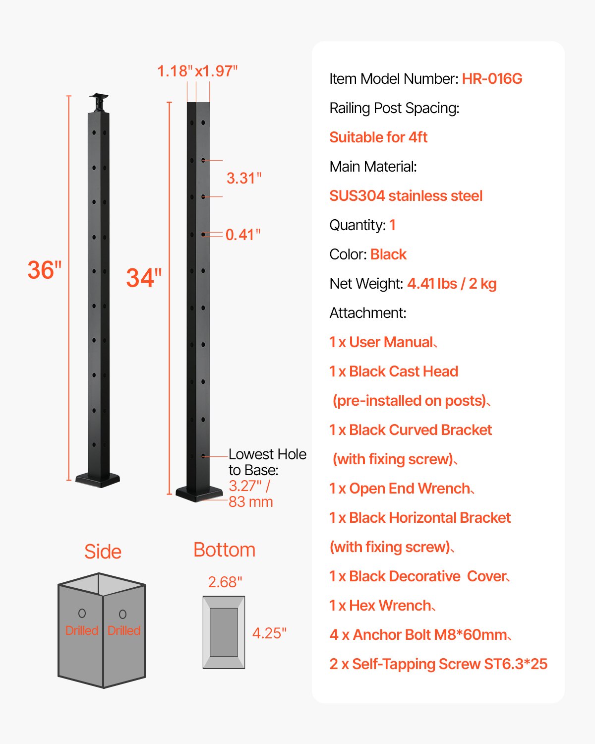 Kabelräckesstolpe, 36x1x2 tums hörnräckesstolpe, med L-formade förborrade hål, kabelräckesstolpe i rostfritt stål med horisontellt och böjt fäste, 1-pack, svart, 1JZLGZXHS914IVCFL001V0