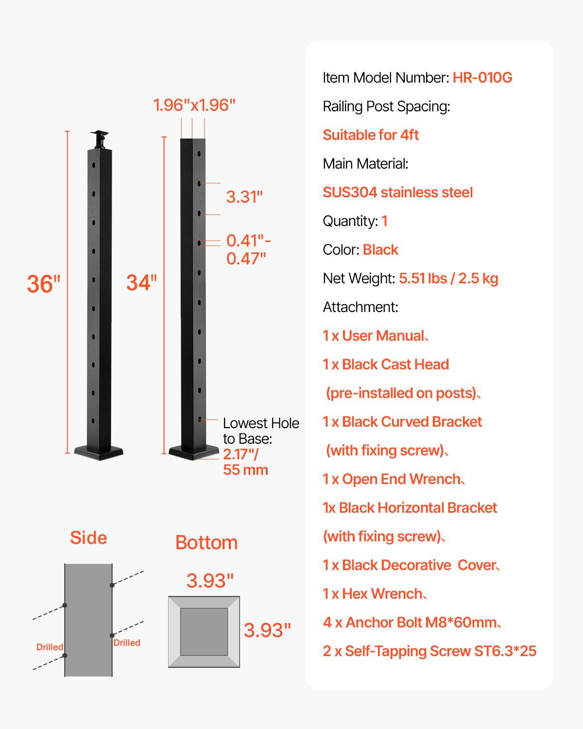 Kabelräckesstolpe, 36x2x2 tum trappräckesstolpe, med förborrade 30° vinklade hål, kabelräckesstolpe i rostfritt stål med horisontellt och böjt fäste, 1-pack, svart, 1JZLGZXHS914YIVIS001V0