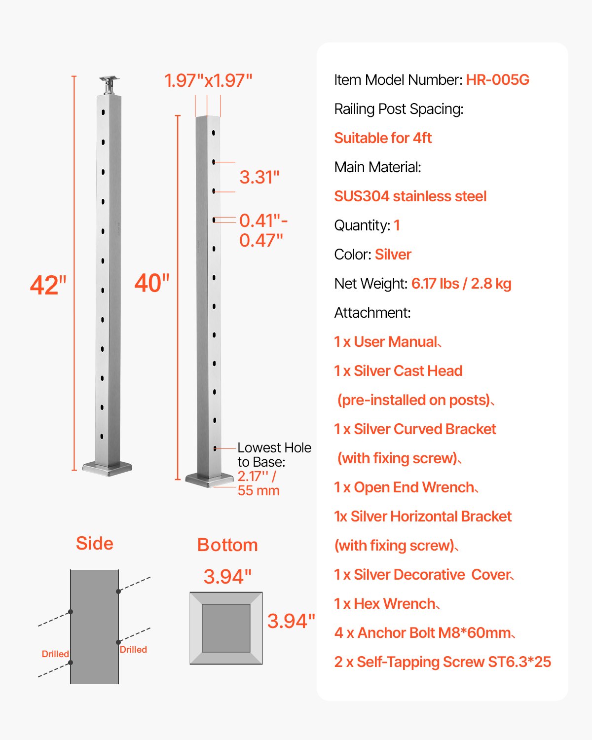 Kabelräckesstolpe, 42x2x2 tum trappräckesstolpe, med förborrade 30° vinklade hål, kabelräckesstolpe i rostfritt stål med horisontellt och böjt fäste, 1-pack, silver, 1JZLGZXYS1062TLWC001V0