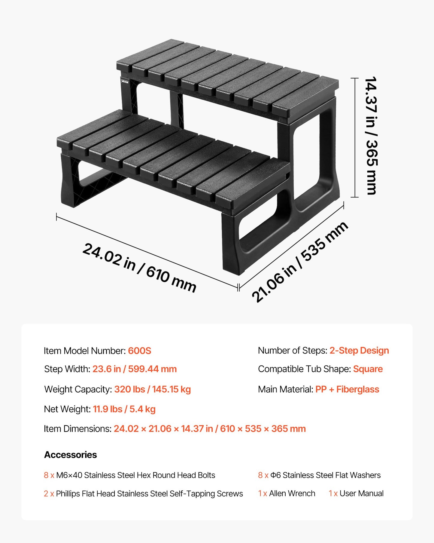 Stege för spabad, 2-stegs spa-trappa för utomhusbruk, kraftig 599,5 mm bred PP ovanmarks-/uppblåsbar poolstege med 145,2 kg viktkapacitet, mångsidig för veranda, uteplats, däck, campingbilar, svart
