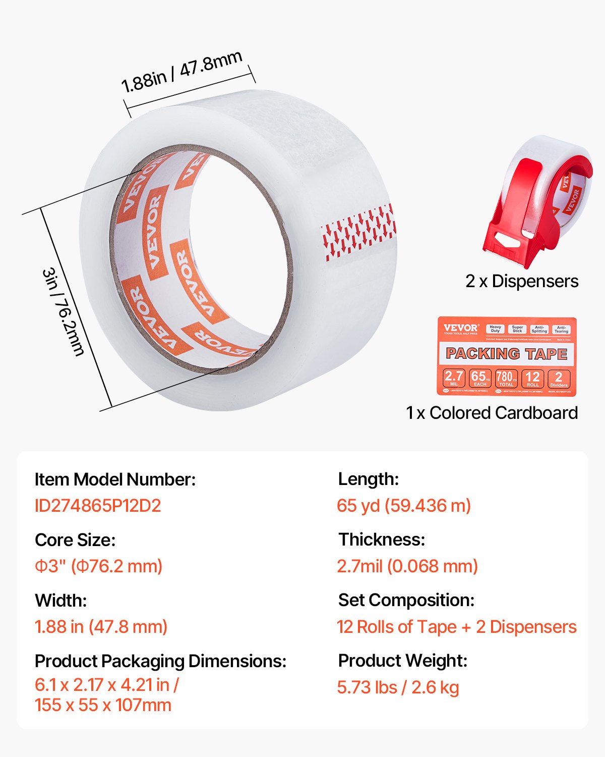 Genomskinlig packtejp, 7,5 cm kärna, 12 rullar 4,8 cm x 65 yards packtejp med dispenser, 7,3 mm kraftig packtejp utformad för flytt, förvaring och packning, frakt och utskick