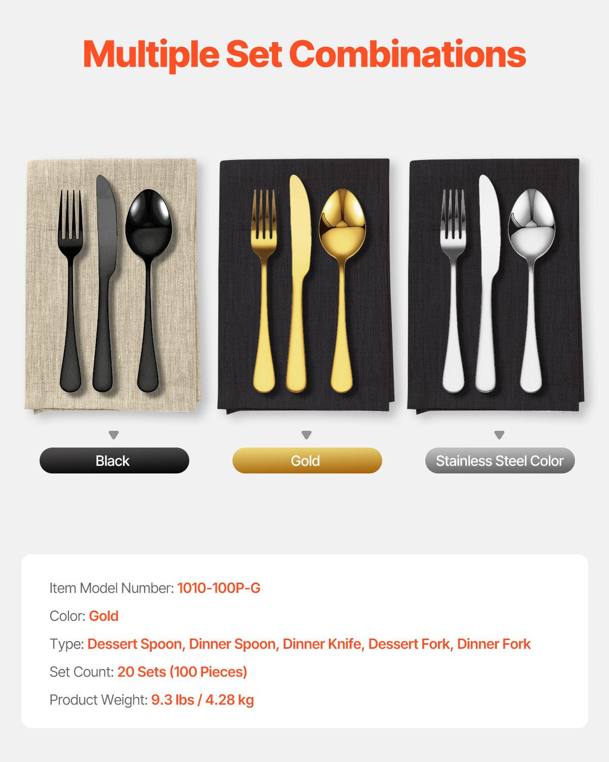 100-delars bestickset i guldfärgat silver, livsmedelsklassat bestick i rostfritt stål för 20 personer, spegelblank bestickset, diskmaskinssäkert porslin för kök och hem, inklusive kniv, gaffel och sked