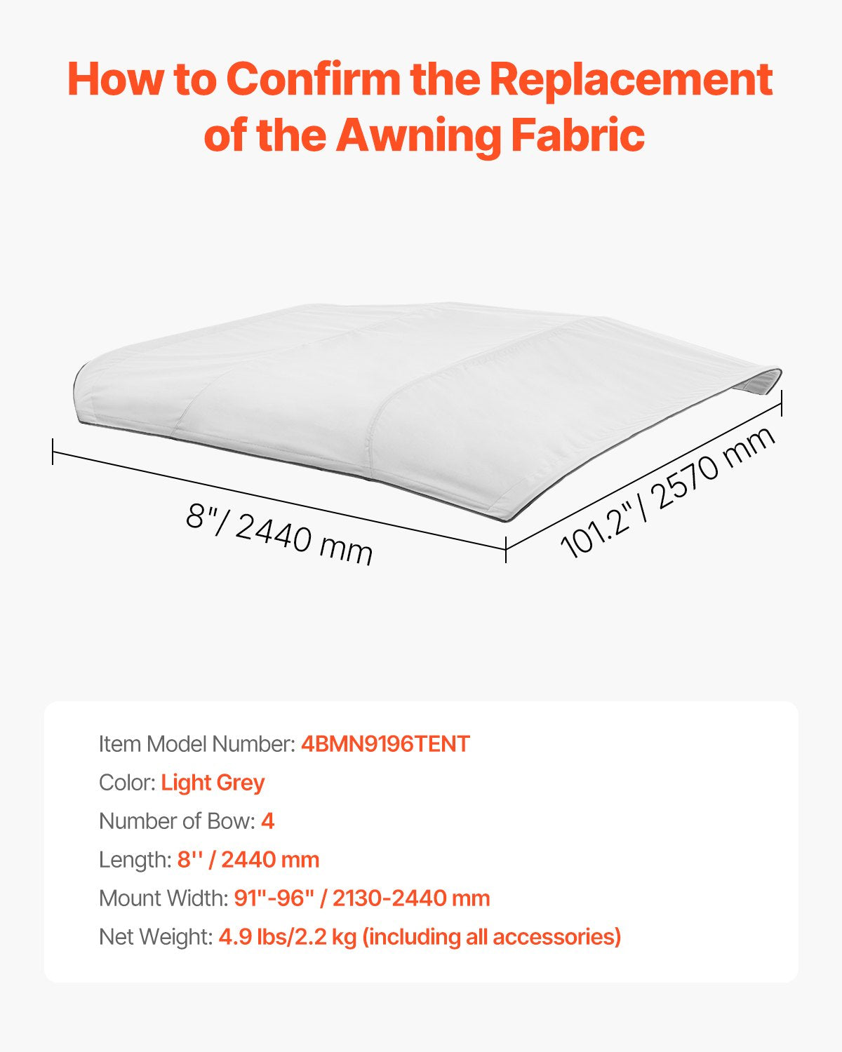 Biminitopp för båt med 4 bogar, 600D polyesterkapell, vattentätt och solskyddande båtmarkiskapell med förvaringsväska, ersättning för biminitopp, 96"Lx(91"-96")B, ljusgrå (stödram ingår ej)