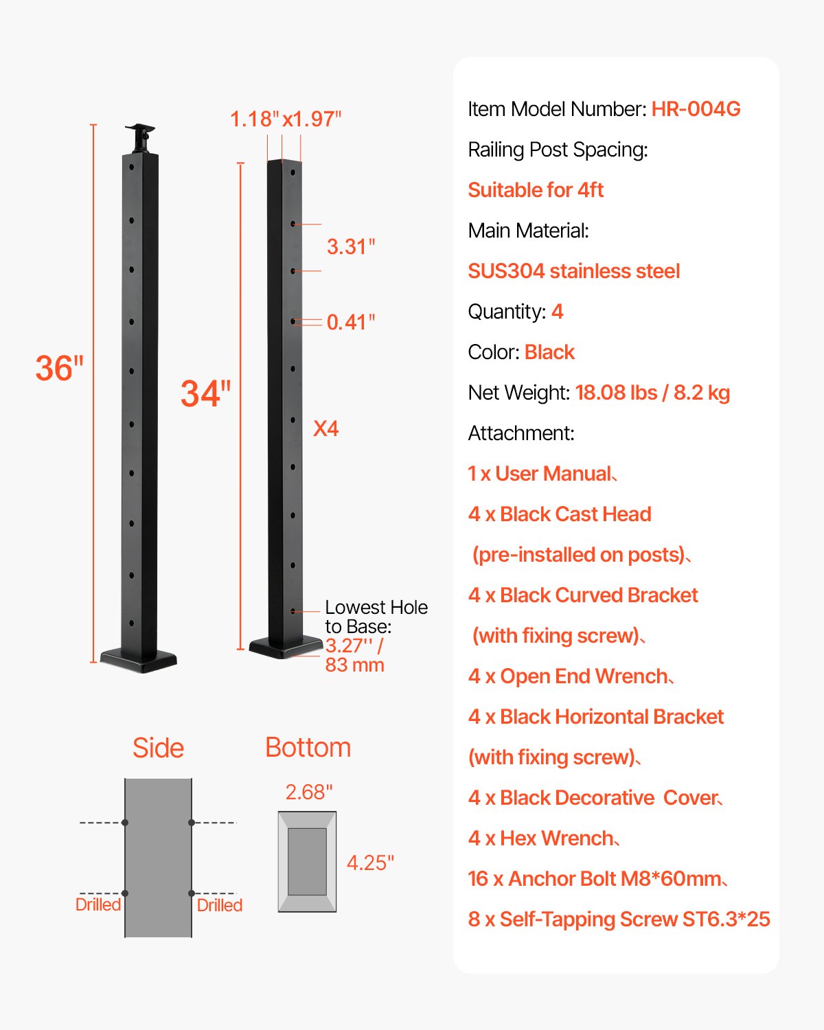 4-pack kabelräckesstolpe, 36x1x2 tum horisontellt hål däckräckesstolpe med förborrade hål, kabelräckesstolpe i rostfritt stål med horisontellt och böjt fäste, svart, 4JZLGZXHS914UUOI6001V0