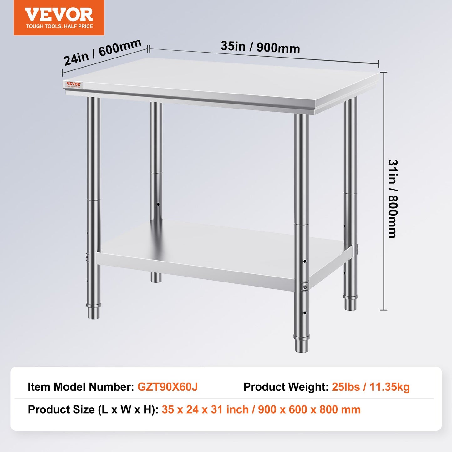 Förberedelsebord i rostfritt stål, 900x600x800 mm, 300 kg lastkapacitet, kraftigt arbetsbord i metall med 3 justerbara höjdnivåer, kommersiell arbetsstation för kök, garage, restaurang, trädgård