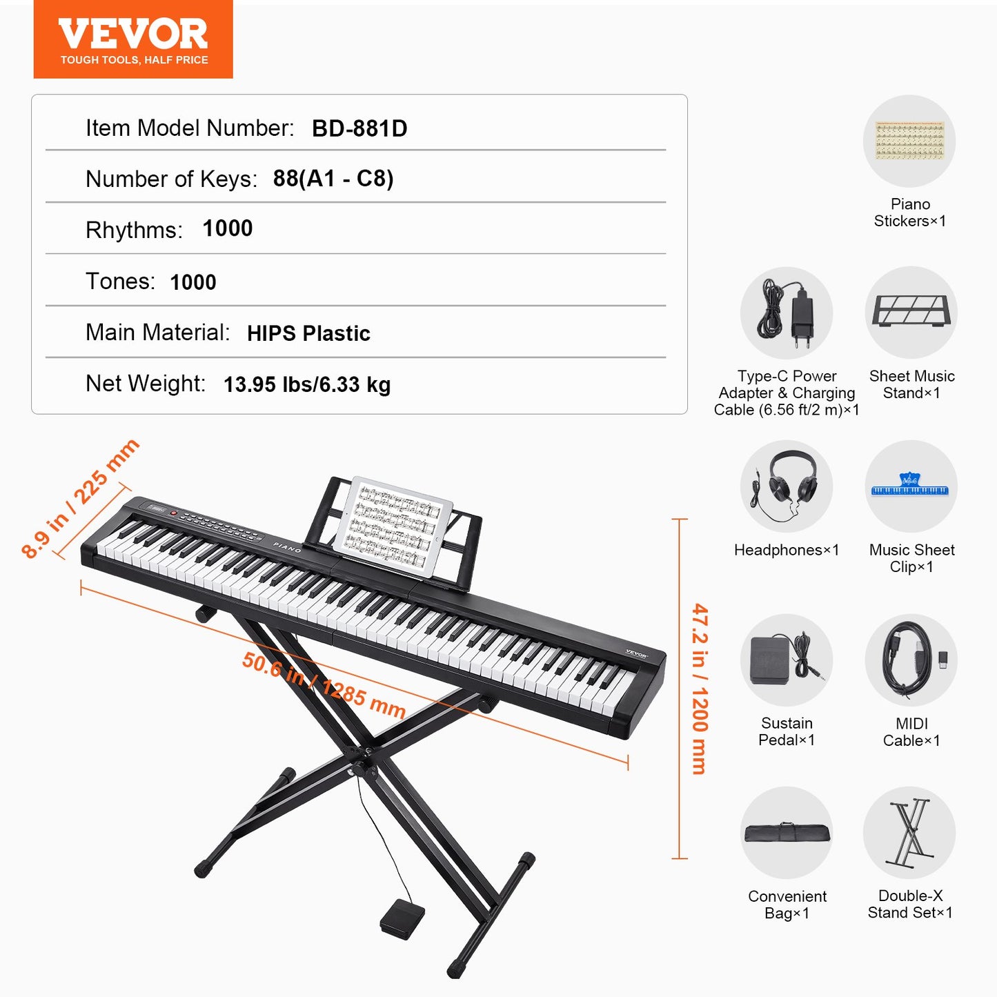 88 tangenters digitalpiano, halvviktade tangenter, fullstort elektriskt pianoset med justerbart stativ, inbyggda högtalare, sustainpedal, hörlurar, Bluetooth MIDI USB för nybörjare