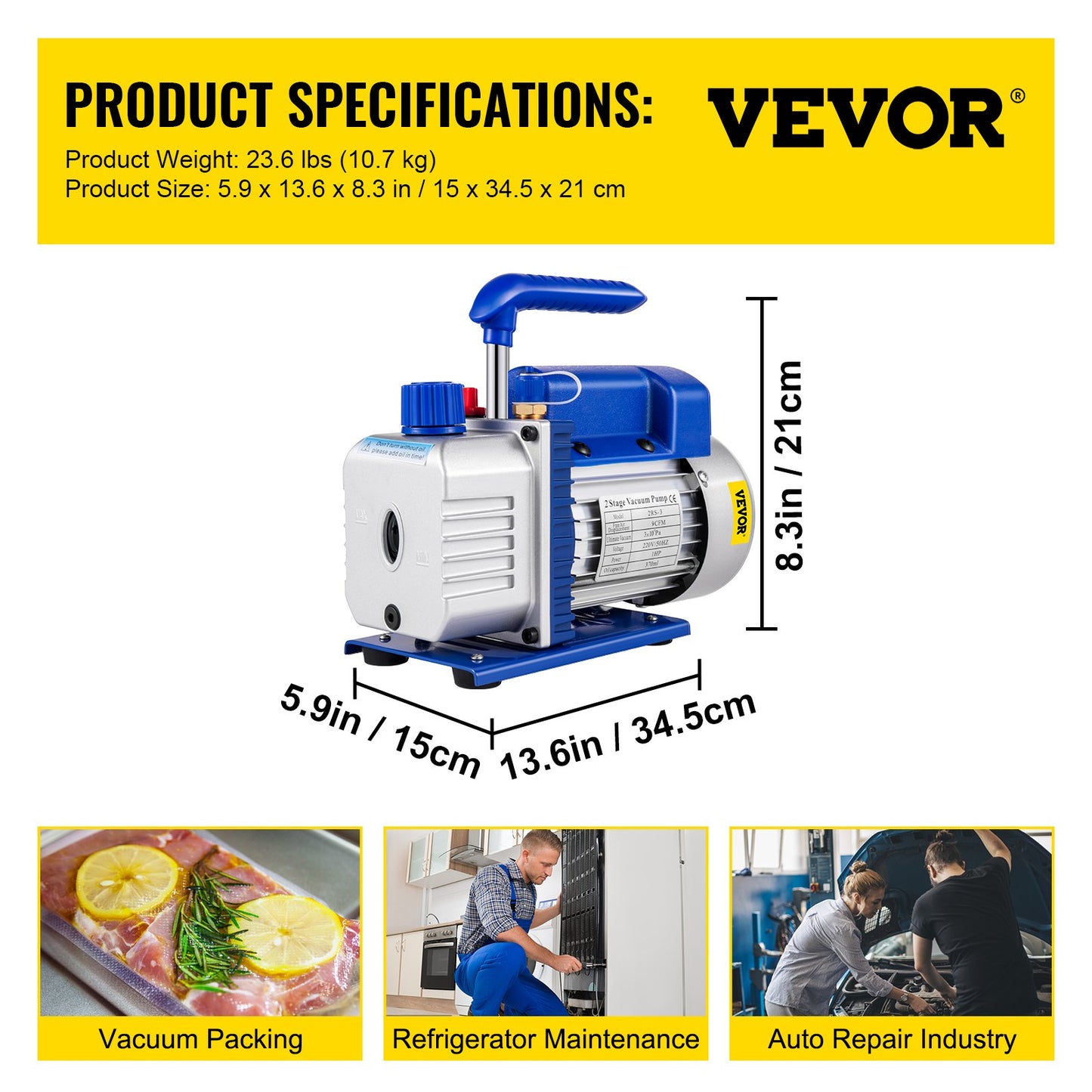370 ml 533 l/min (9 CFM) 746 W (1 hk) Luftkonditionering Kylmedium Vakuumpump Vakuumkammare med pump Avgasningskammare med pump AC Vakuumpump
