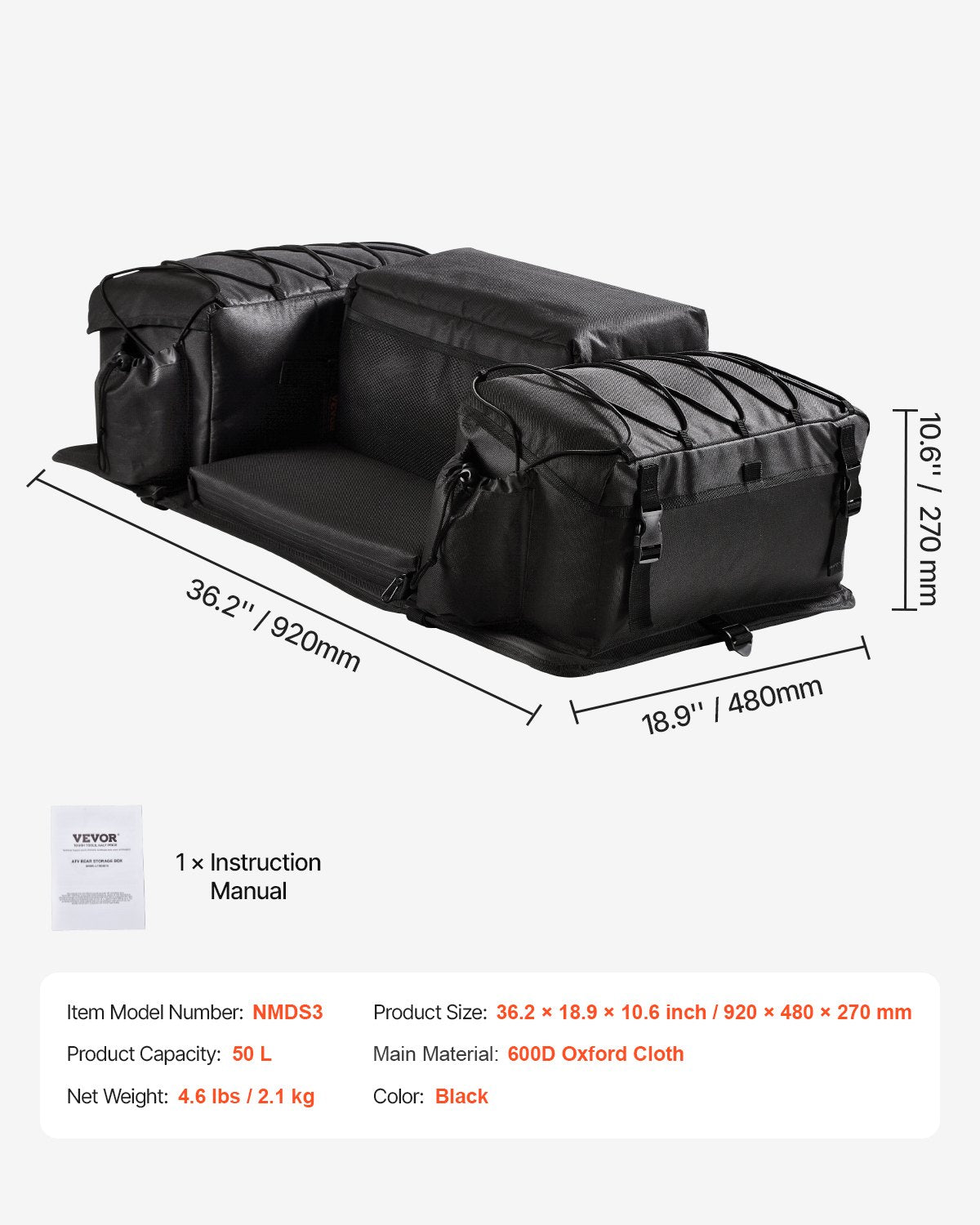 Förvaringsväska för ATV, 50L lastväska för ATV med svampdyna och flaskhållare, 600D Oxfordtyg för utrustning i baksätet, passar de flesta ATV:ar med pakethållare, kompatibel med ATV, UTV och Can-Am-fordon