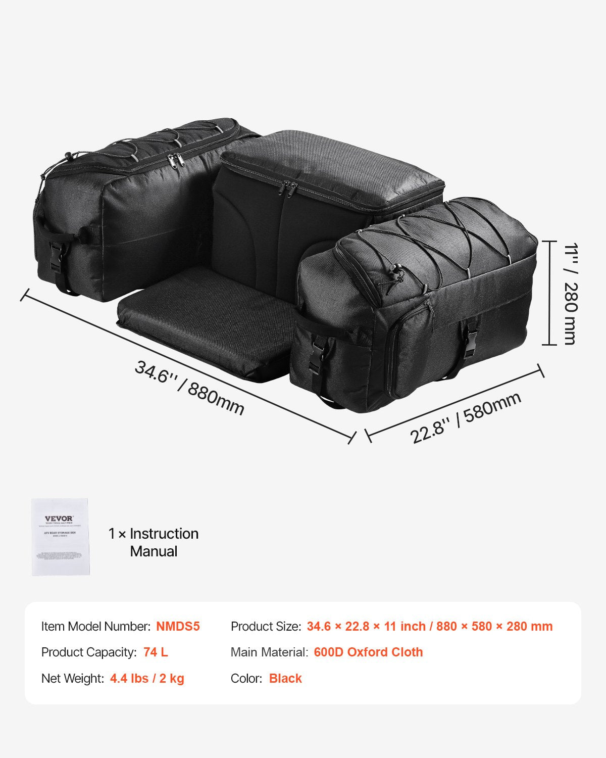 Förvaringsväska för ATV, 74L ATV-lastväska med kylväska och isolerad kylväska, Förvaringsväska för bakre pakethållare i 600D Oxford-tyg, passar de flesta ATV:ar med bakre pakethållare, kompatibel med ATV, UTV och Can-Am-fordon