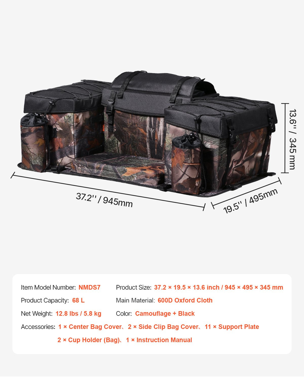 Förvaringsväska för ATV, 68L lastväska för ATV med svampdyna och flaskhållare, Förvaringsväska för pakethållare i 600D Oxfordtyg, passar de flesta ATV:ar med pakethållare, kompatibel med ATV, UTV, Can-Am