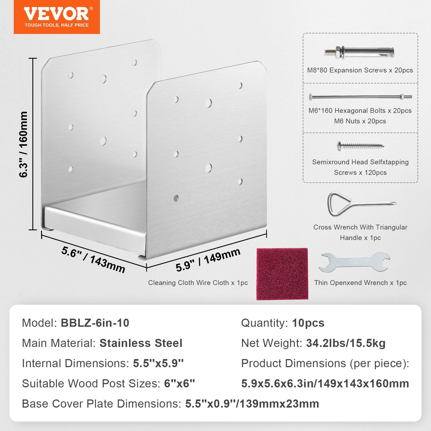 152,4x152,4 stolpbas, 10 st justerbara stolpankare i rostfritt stål (invändigt 150 x 139,7), justerbar stolpbas för paviljong, veranda, ledstång, dekorativ ankarplatta