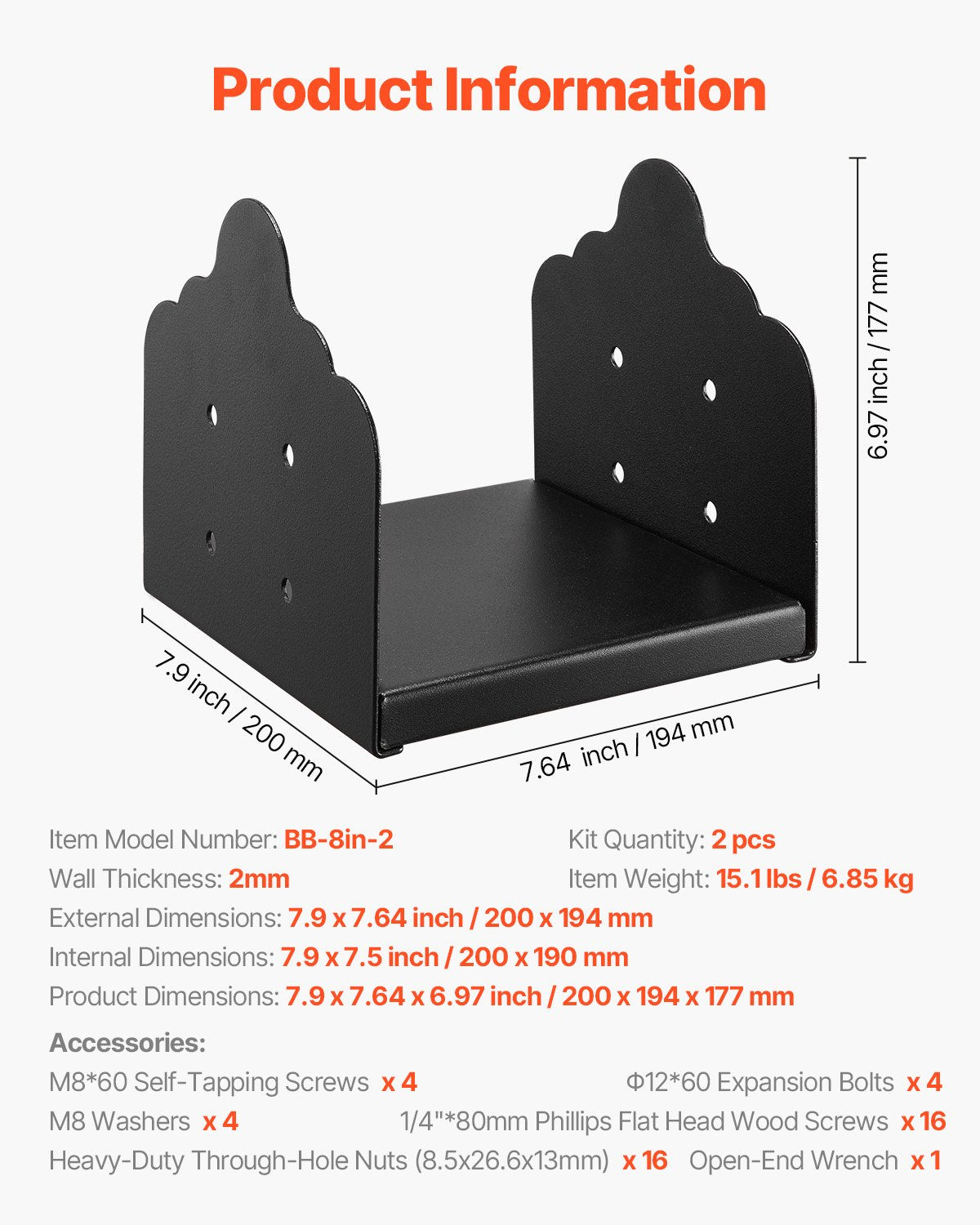 8x8 stolpbas 2 st, innermått 7,9x7,5 tum / 200x190 mm stolpfästen, kraftiga däckstolpar i kolstål, trästolpfästen för paviljongdäck, stöddäck, bottenplatta, svart