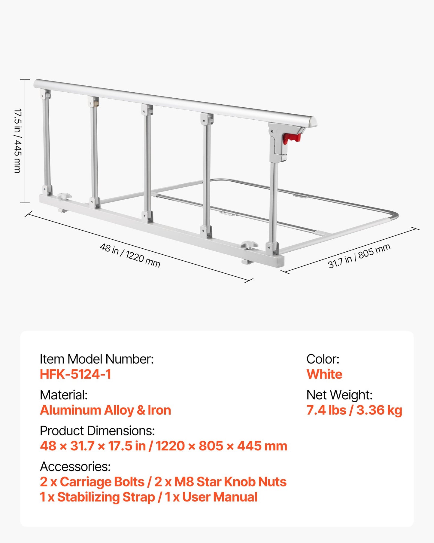 Hopfällbar sänggrind för äldre, 122 cm sängkant med fästrem, justerbar höjd vid sängkanten, sängstång i metall med hög hållfasthet för äldre, handskydd passar king size-säng, queen size-säng, full size-säng och twin-säng