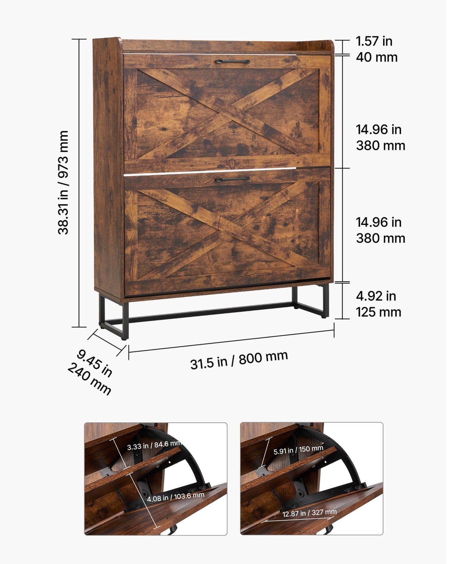 Skoskåp med 2 fällbara lådor, lantlig skoförvaringsskåp med metallben och tippskydd, fristående skoorganisatör, perfekt för entré, hall, sovrum, vardagsrum, brun