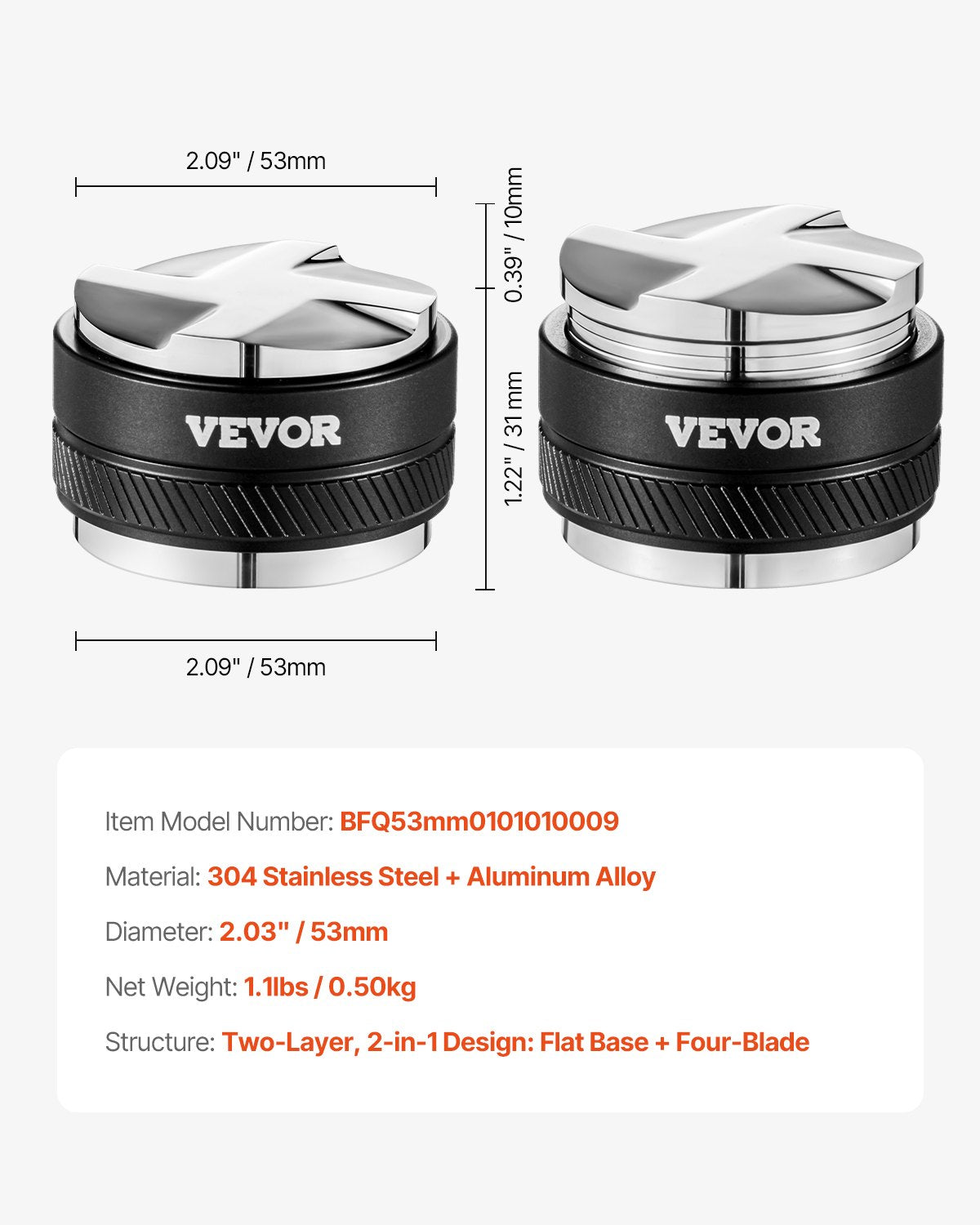 Kaffefördelare 53 mm, 2-i-1 justerbar espressofördelare med fläktformad bas, kaffefördelare i 304 rostfritt stål med lättdemonterbar design