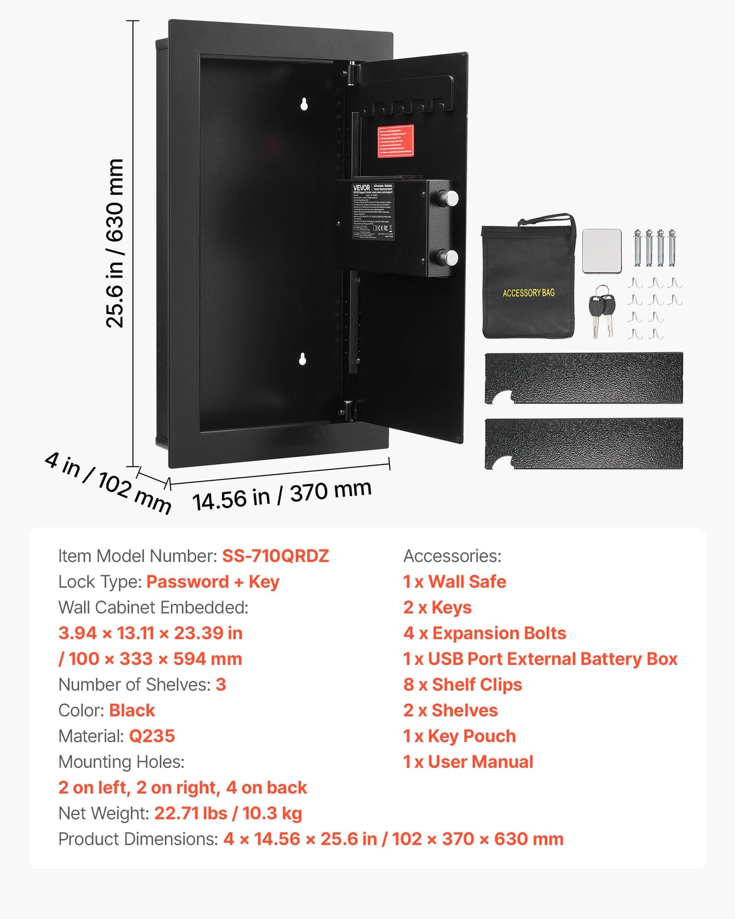 Wall Safe, 3-Tier Hidden Wall Mounted Safe with Password & Key, Q235 Cold-Rolled Steel In-Wall Box with LED Lighting, 2 Adjustable Shelves & 5 Key Holders for Money, Jewelry, Passport, Black