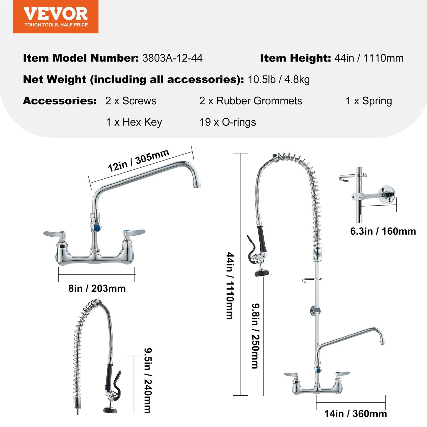 Kommersiell kran med förspolningsmunstycke, 112 cm höjd, 20 cm mittavstånd, 30 cm svängbar pip, väggmonterad köksblandare, mässingskonstruktion med neddragbar dusch, för 1/2/3-facks diskho