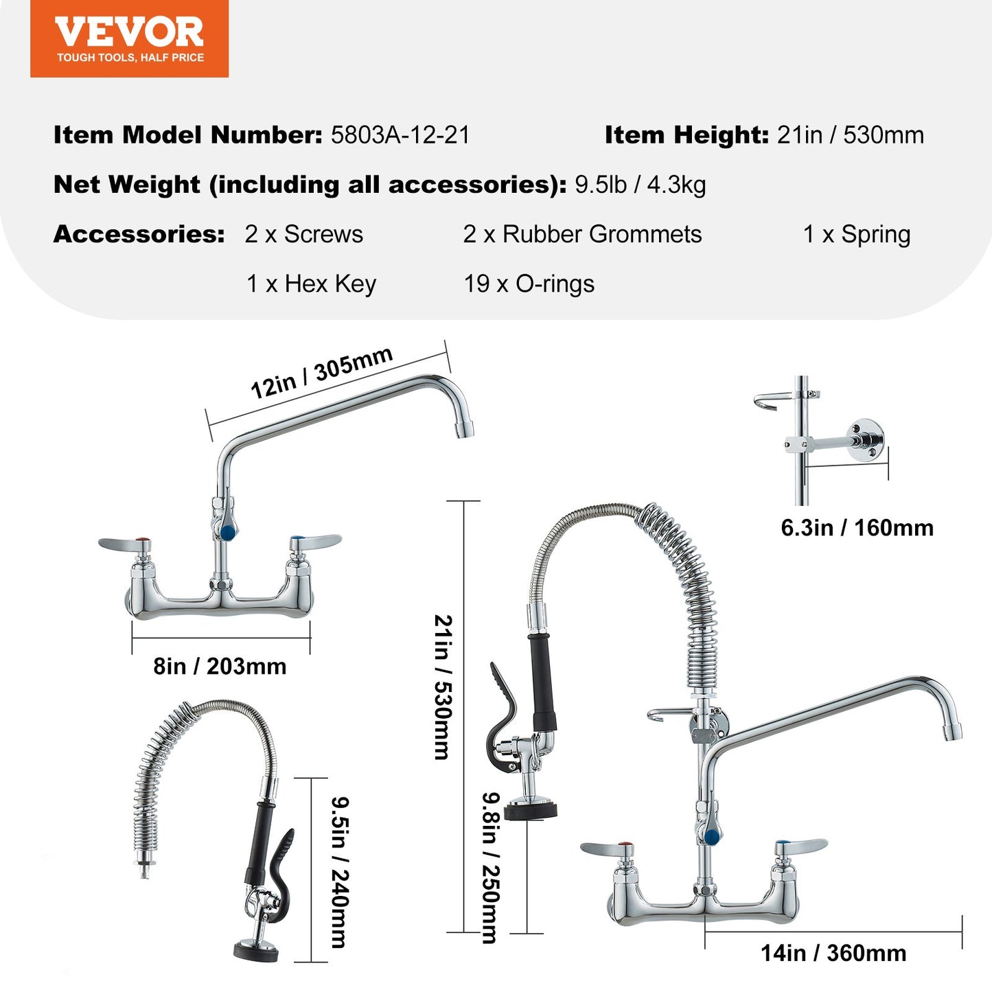 Kommersiell kran med förspolningsmunstycke, 51 cm höjd, 20 cm mittavstånd, 30 cm svängbar pip, väggmonterad köksblandare, mässingskonstruktion med neddragbar dusch, för 1/2/3-facks diskho