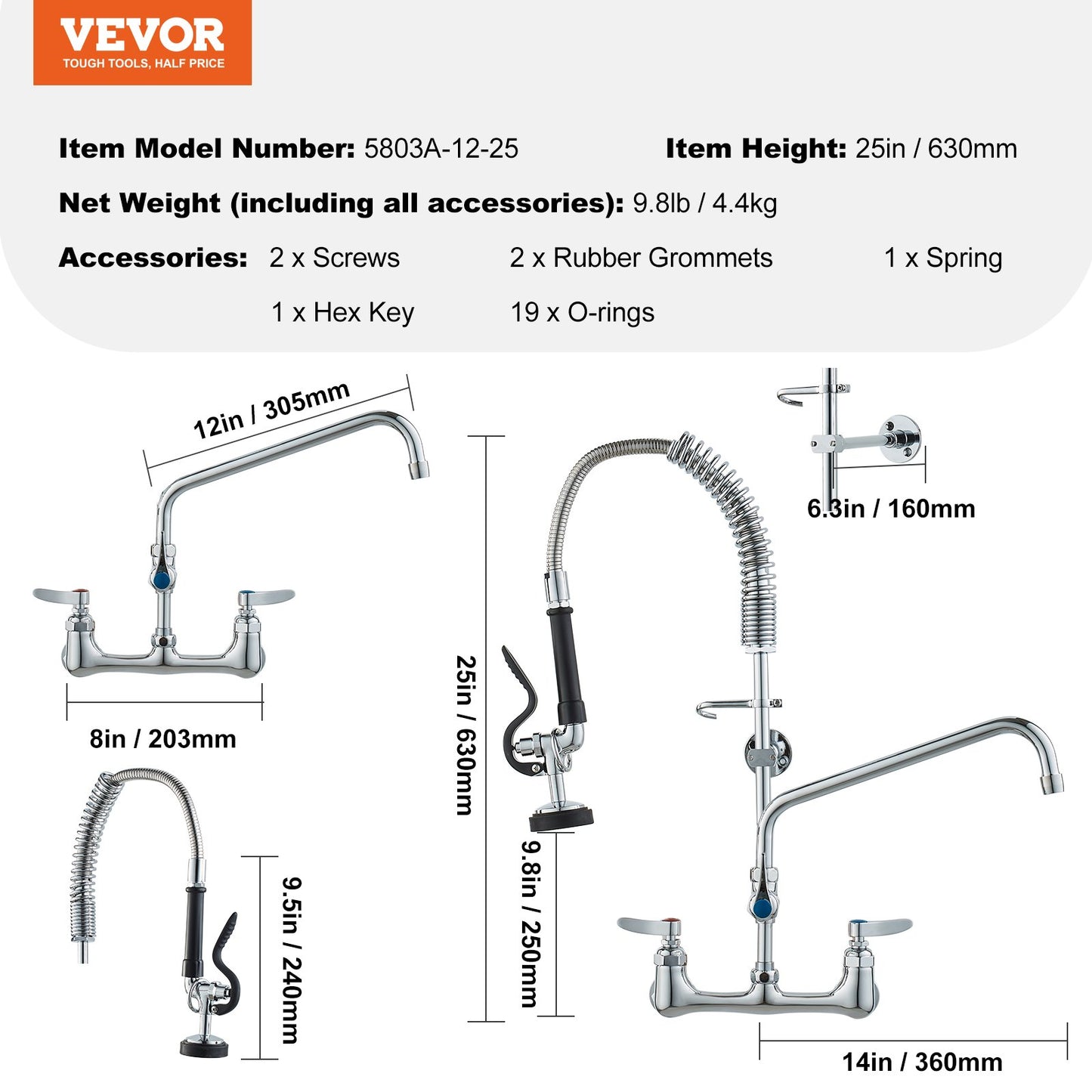 Kommersiell kran med förspolningsmunstycke, 63,5 cm höjd, 20,3 cm mitt, 30,5 cm svängpip, väggmonterad köksblandare, mässingskonstruktion med neddragbar spole, för 1/2/3-facks diskho