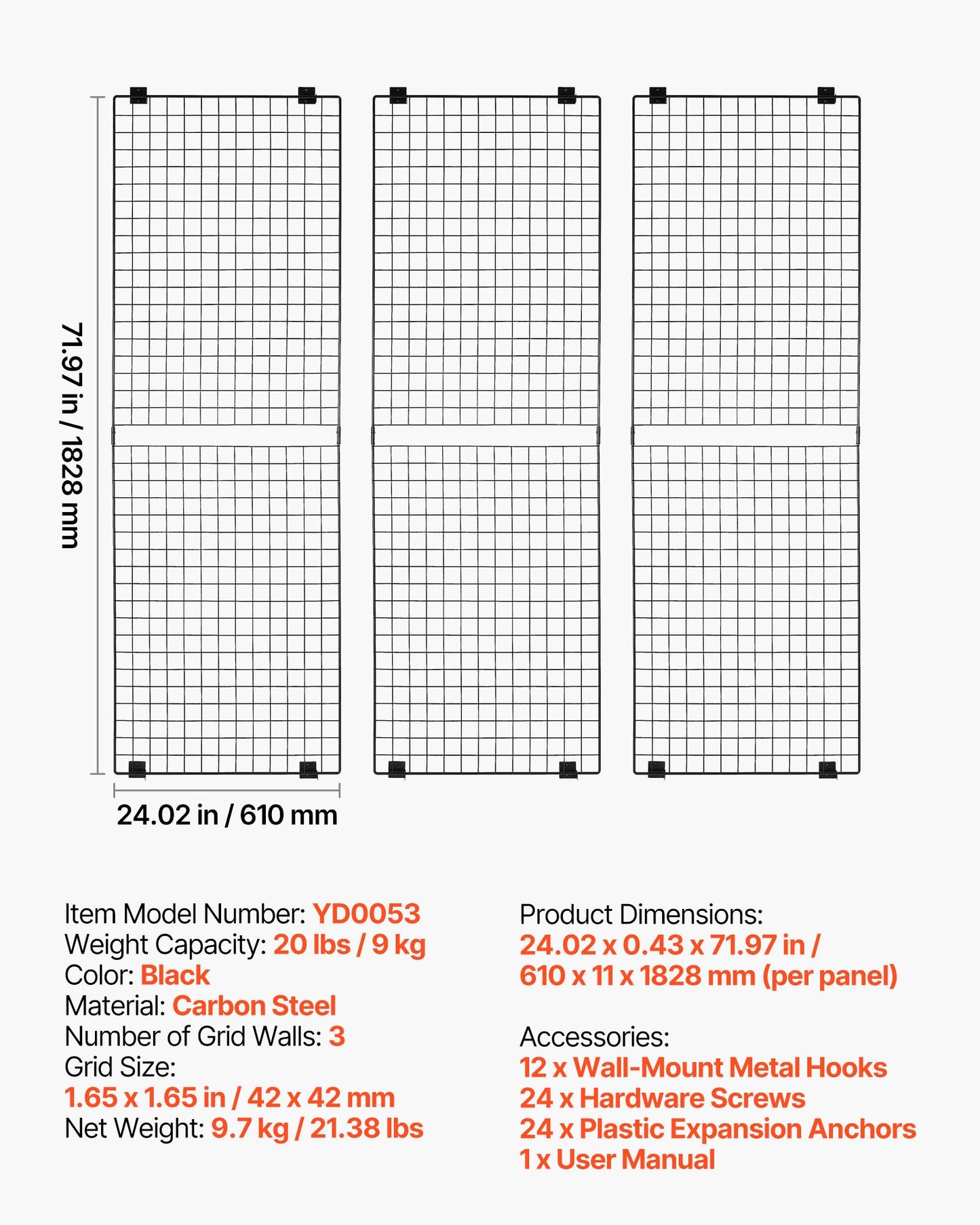 3-pack väggpaneler med rutnät, 610 x 1828 mm trådpaneler, väggmonterad konsthylla, vägghängande rutnät i svart kolstål för hantverksutställning, dekoration, förvaring, anslagstavla