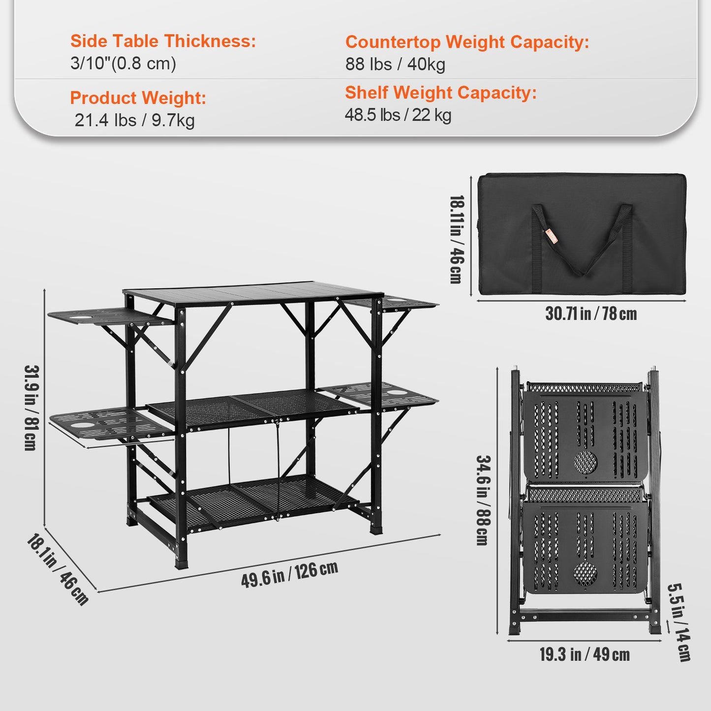 Campingköksbord, hopfällbar bärbar kokstation i ett stycke med bärväska, campingbord i aluminium, 4 sidobord i järn och 2 hyllor, perfekt för utomhuspicknick, grillfester, camping, husbilsresor