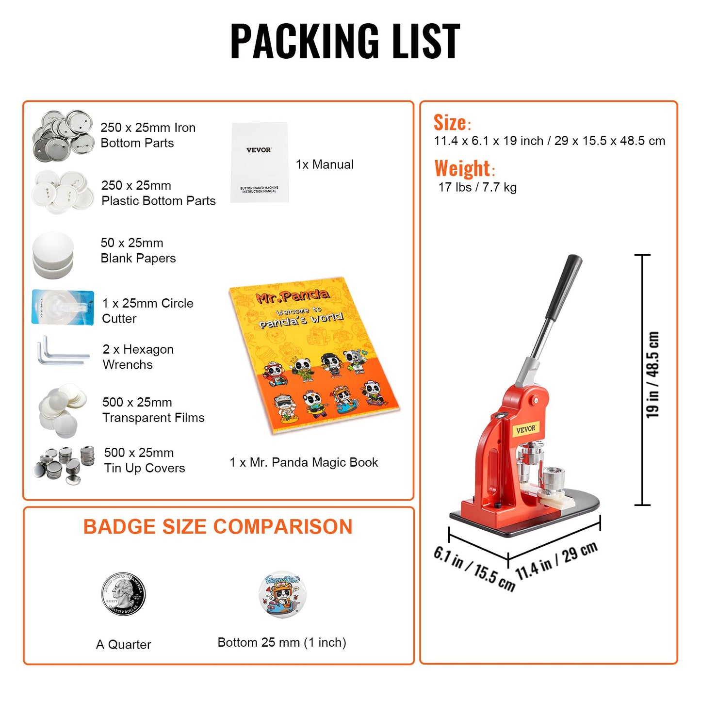 Knappmaskin, 25 mm (1 tum) stanspress för märkestryck, nåltillverkare för barn, gör-det-själv-presenter, knapptillverkningstillbehör med 500 st knappdelar, cirkelskärare och magisk bok
