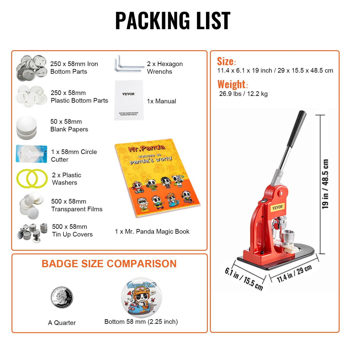 Knappmaskin, 58 mm (2,25 tum) stanspress för märkesmärken, gör-det-själv-presenter för barn, knapptillverkningstillbehör med 500 st knappdelar, cirkelskärare och magisk bok