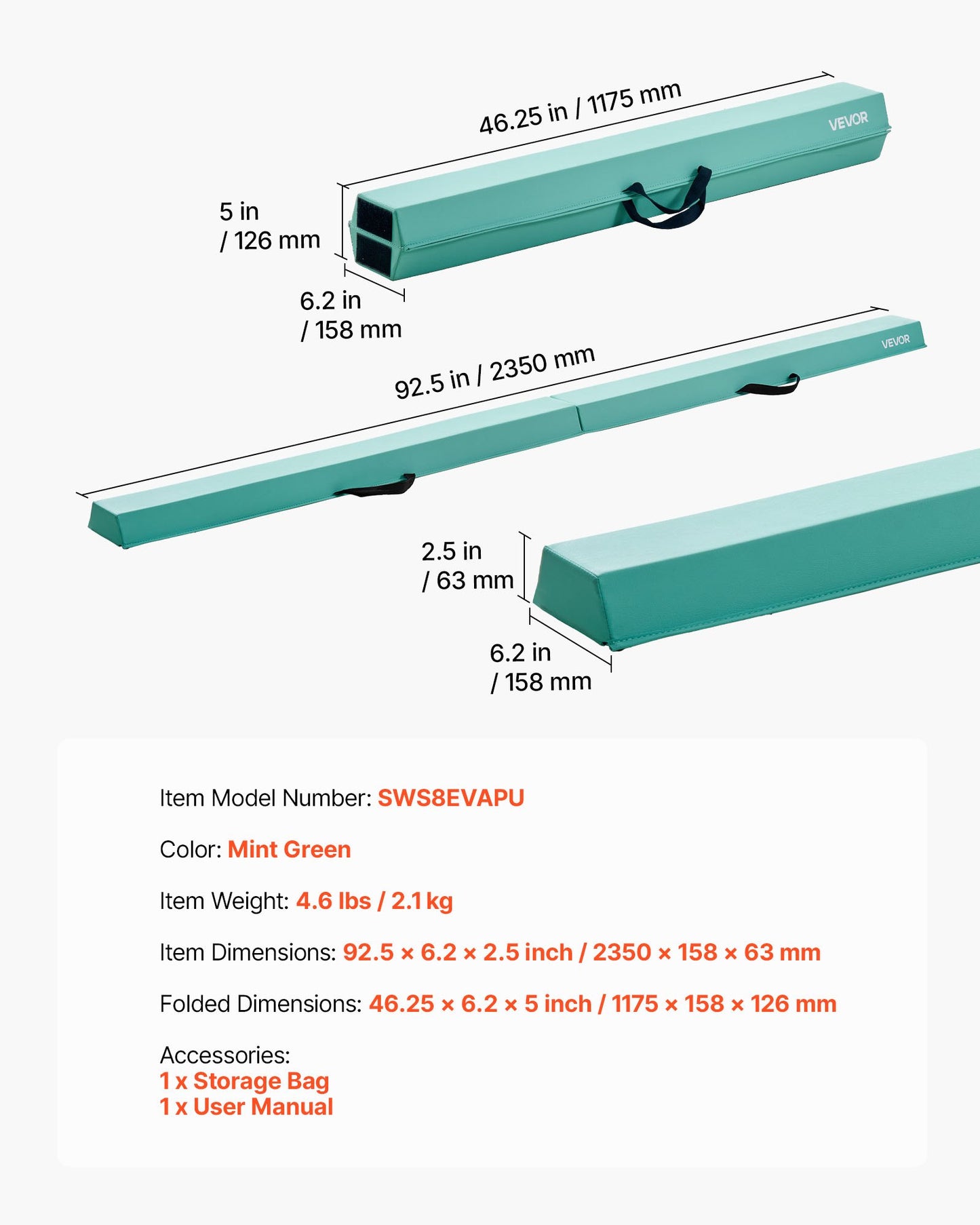 2,4 m hopfällbar balansbom för barn, 90,7 kg stabilt stöd för gymnastikgolv med halkfria mattor, gymnastikträningsutrustning med halkfri botten och bärväska för hemmagym, mintgrön