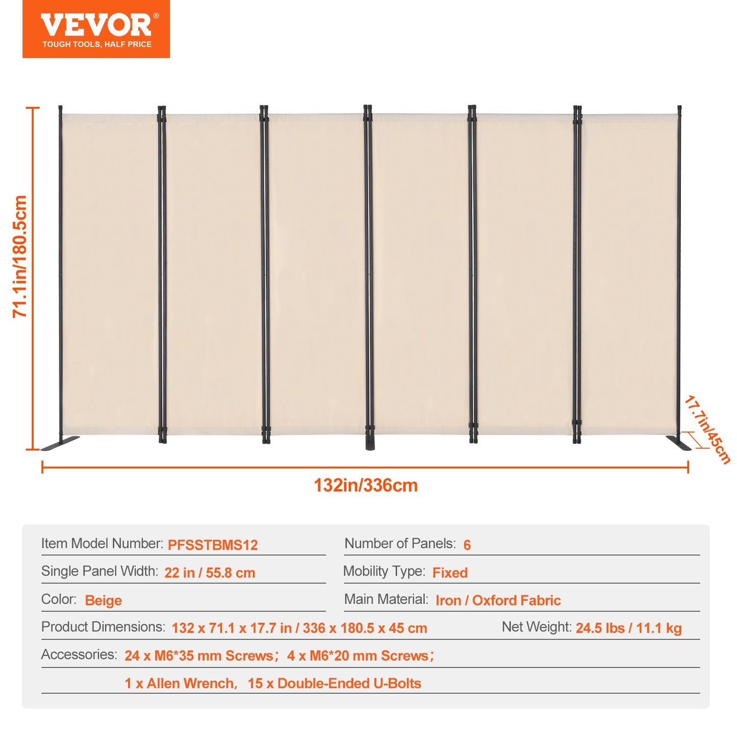 Room Divider, 6 Panels Room Divider, Folding Privacy Screen and Portable Partition Divider for Room Separation, Freestanding Room Partitions for Office, Bedroom, Study, Beige