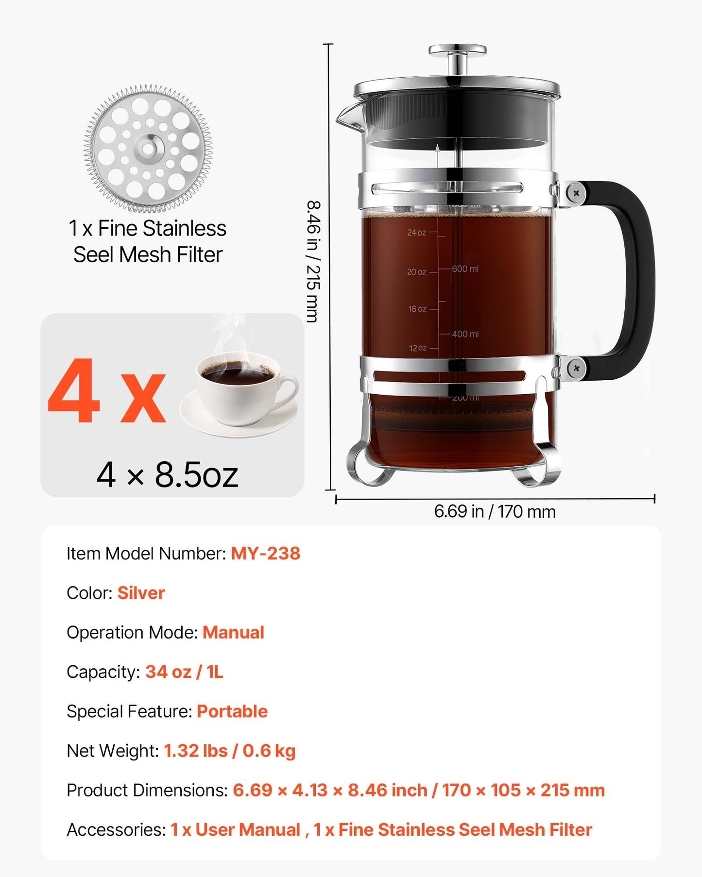 French Press kaffebryggare, 1 liter borosilikatglas kaffepress tebryggare med rostfritt stålfilter, stor glasfransk press kallbryggning för camping, resor, hemkök, silver