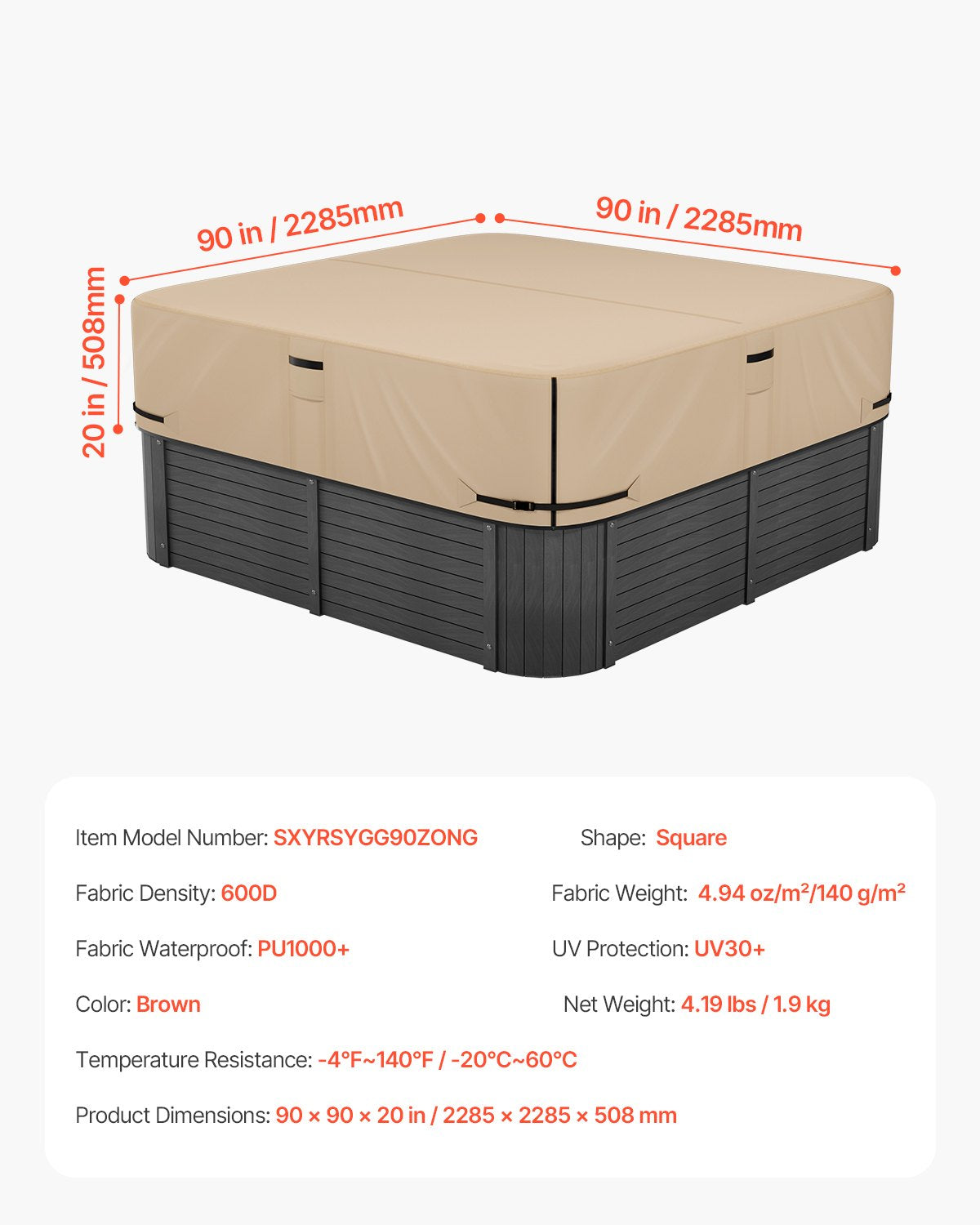 Överdrag för utomhusbadtunna, 90x90x20in/2285x2285x508mm väderbeständigt och vattentätt badtunneskydd, 600D kraftigt oxfordtyg och 950N rivstyrka, fyrkantiga spa-överdrag för badtunna, brunt