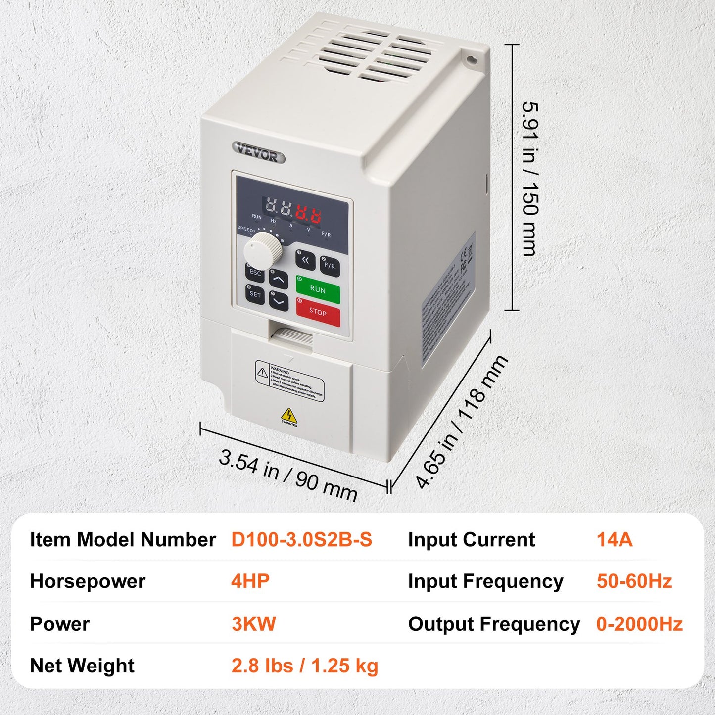 VFD 4HP, 3KW, 14A, 1- eller 3-fas AC 220V ingång till 3-fas AC 0~220V utgång Variabel frekvensomriktare, 50/60Hz ingång, 0-2000Hz utgång VFD för spindelmotorns varvtalsreglering