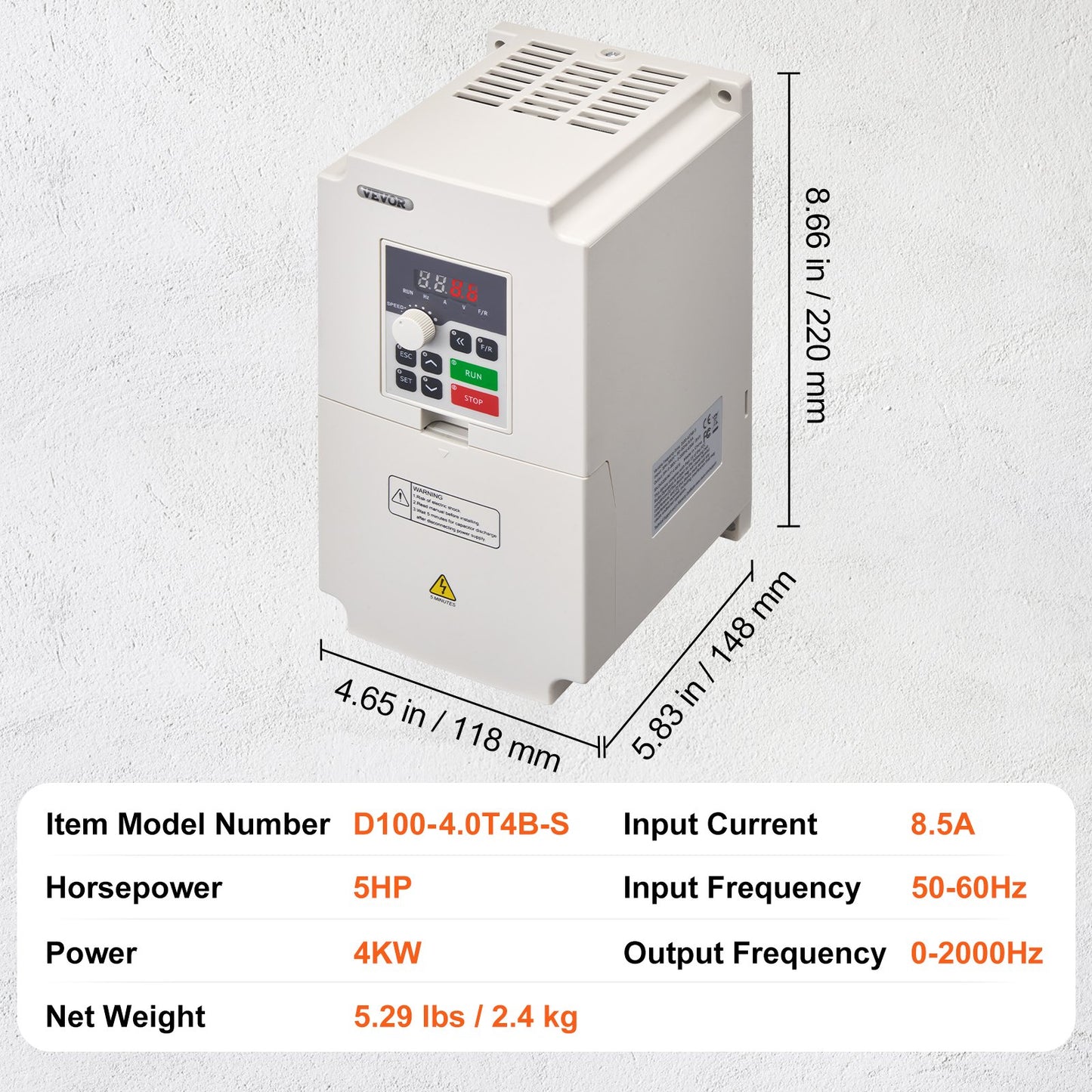 VFD 5 hk, 4 kW, 8,5 A, 3-fas AC 380 V ingång till 3-fas AC 0 - 380 V utgång Variabel frekvensomriktare, 50/60 Hz ingång, 0-2000 Hz utgång VFD för spindelmotorns varvtalsreglering