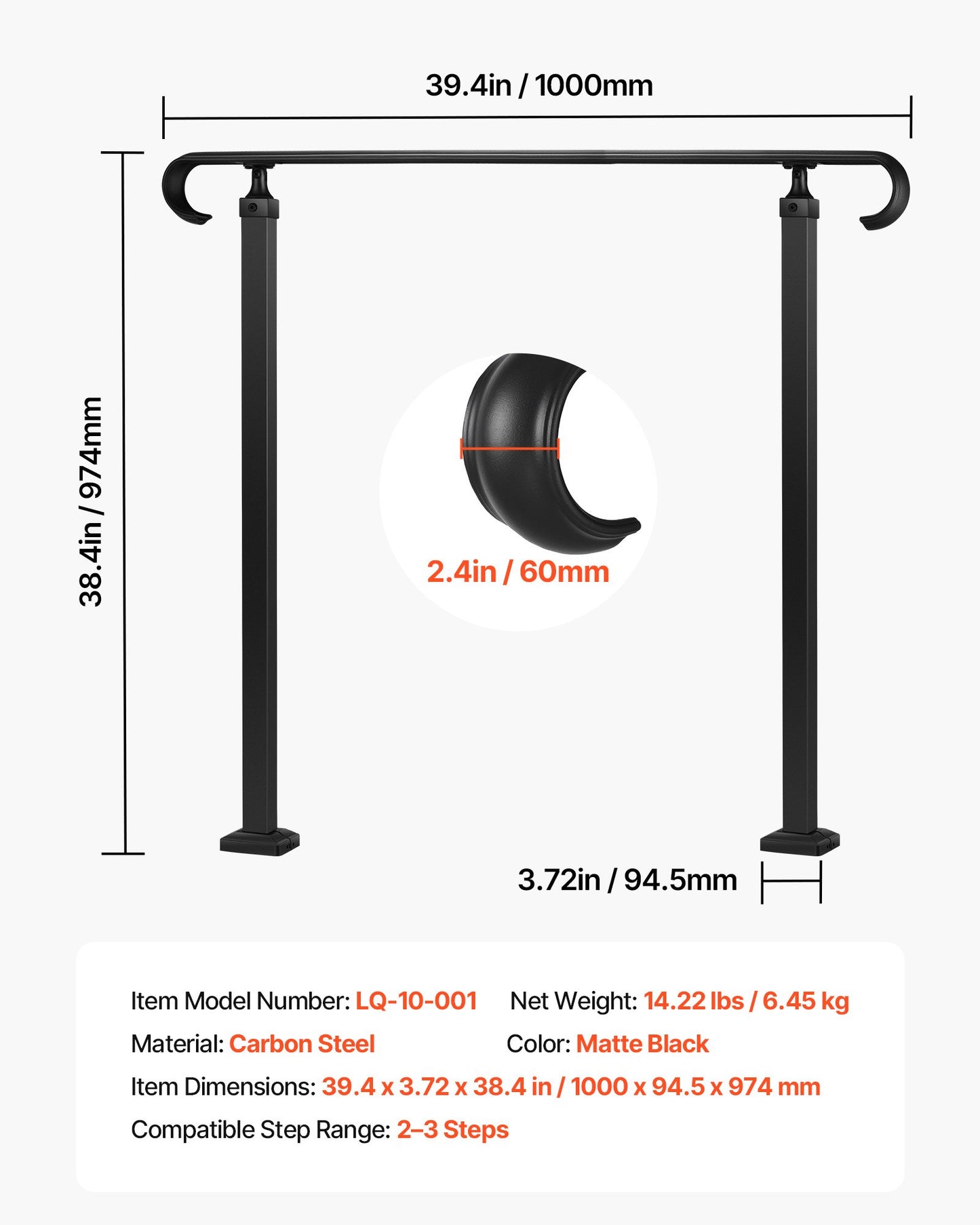 Ledstänger för utomhustrappor, 2-3 steg justerbar höjd, övergångsledstänger i kolstål med installationssats, utvändigt ledstänger för trappor, betong- eller trätrappor, veranda, mattsvart