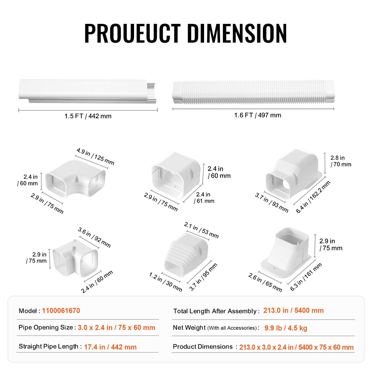 Mini Delat rörledningsskydd 76,2 mm B 5400 mm L, Dekorativt PVC-rörledningsskydd för luftkonditionering med 10 raka kanaler och kompletta komponenter, lätt att installera, övermålningsbart för värmepumpar, vit