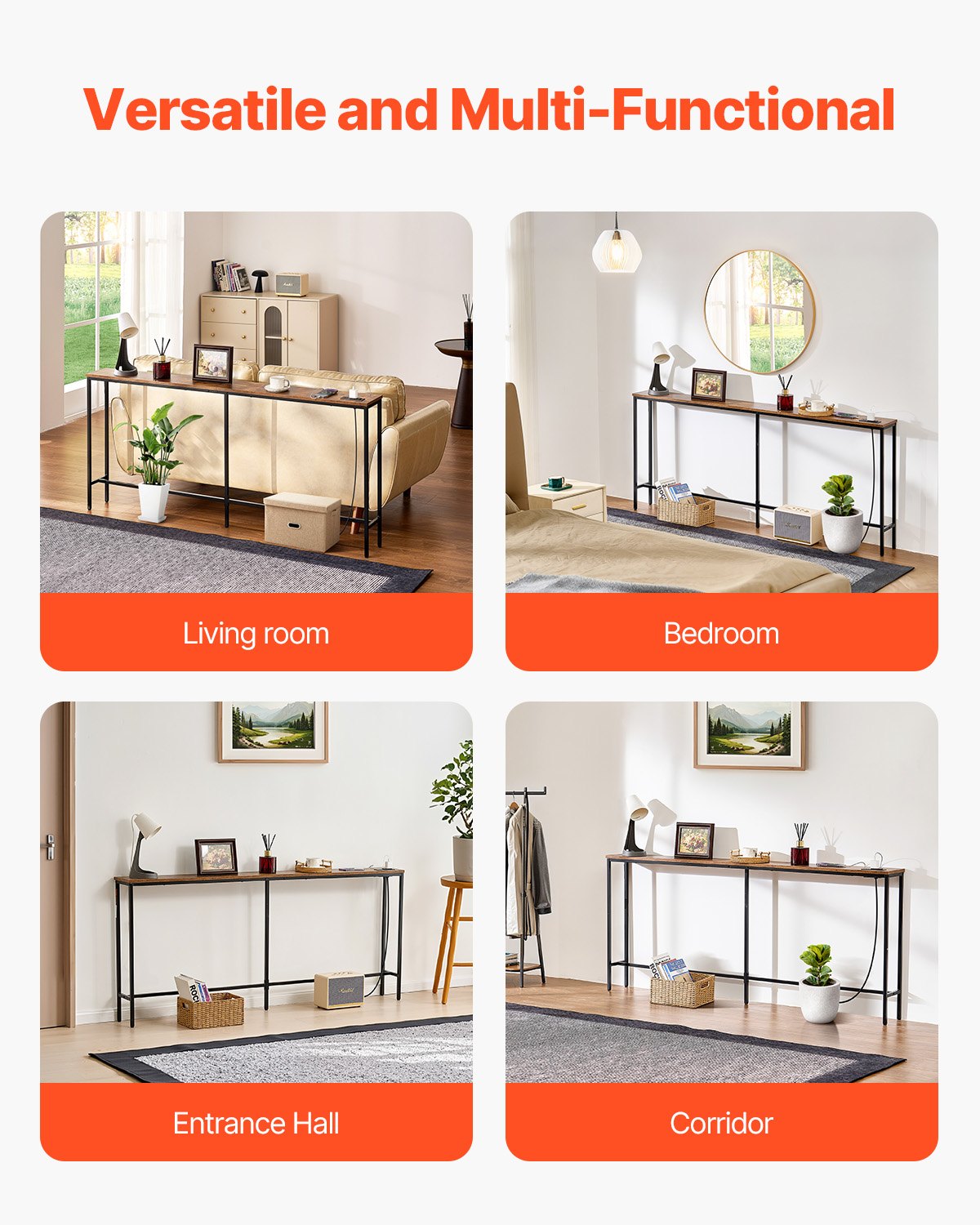 Smalt konsolbord med soffbord, 180 cm bakom soffan med eluttag, långt entrébord i 1 våning, smalt soffbord med metallram och laddningsstation, för entré, hall, vardagsrum