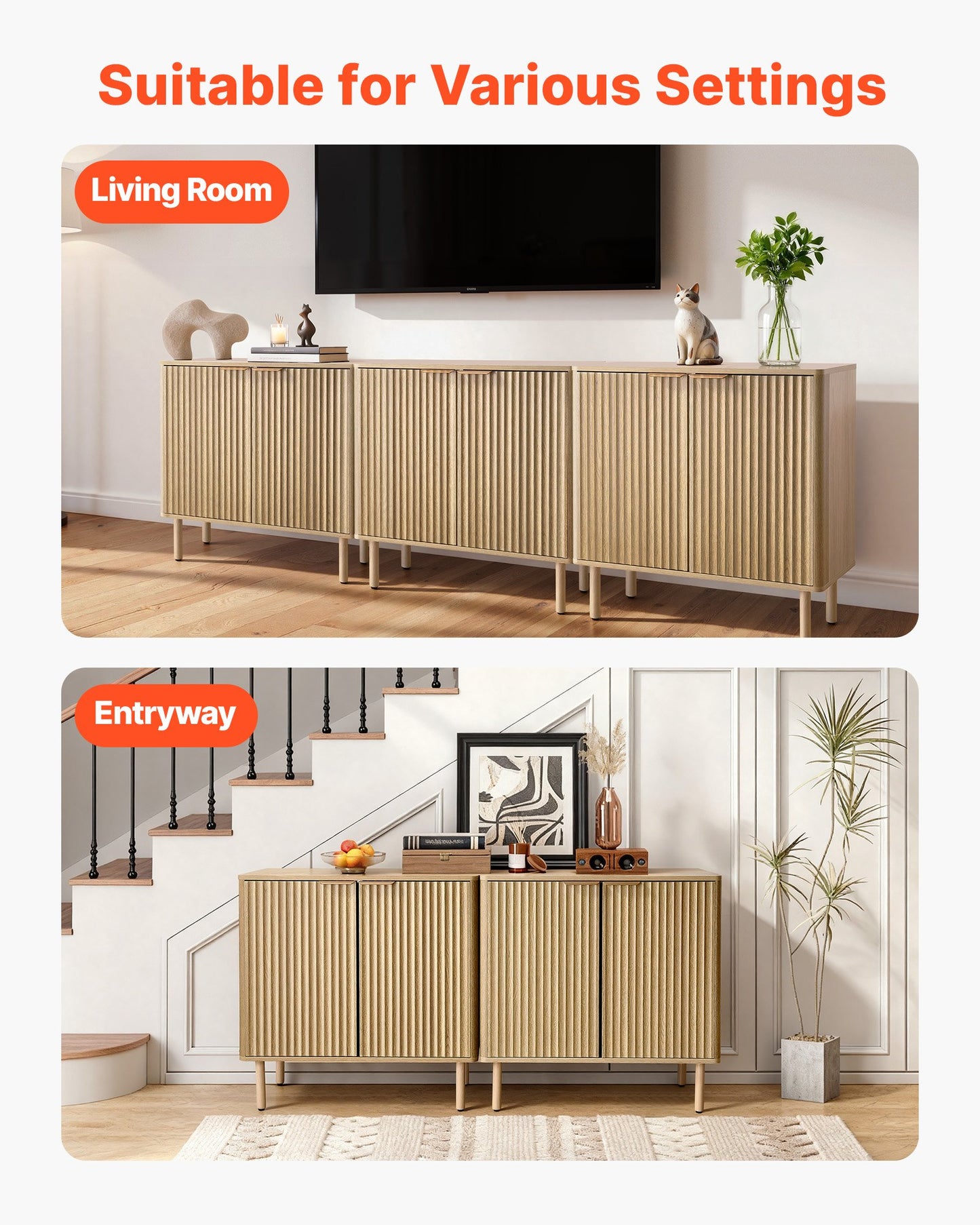 Coffee Bar Cabinet, Mid Century Fluted Coffee Bar Table with 2-Tier Storage, Buffet Stand Cabinet with 2 Barn Door, Sideboard Buffet Station for Living Room, Entryway, 80 x 37.5 x 80 cm, Oak