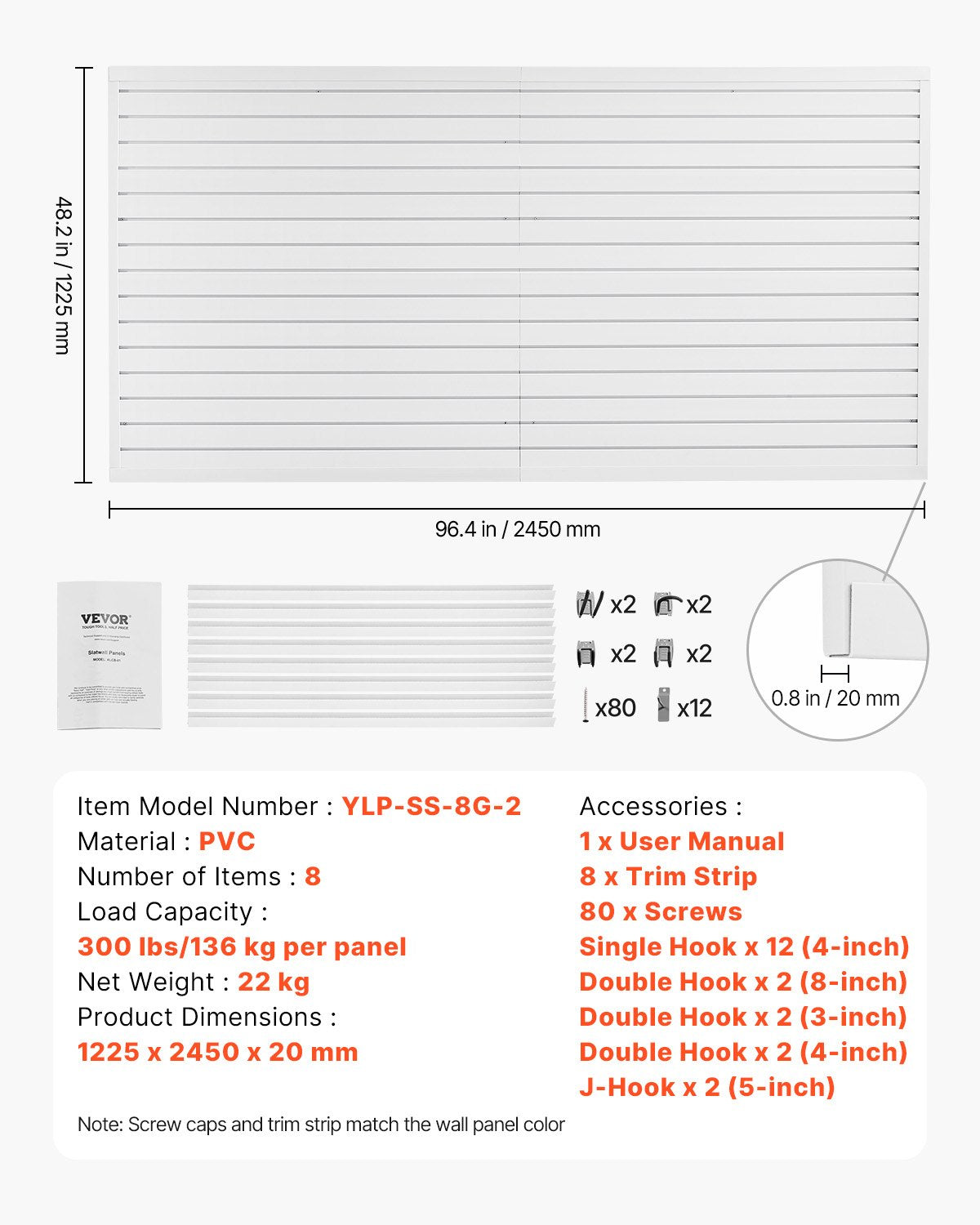 Ribbor i vägg, 2,4 x 1,2 meter, PVC-ribbvägg för garage med tillbehör, vit ribbor, lättmonterad, justerbar ribborpanel med kopplingsstruktur och gör-det-själv-skärning, passar för förvaring och visning