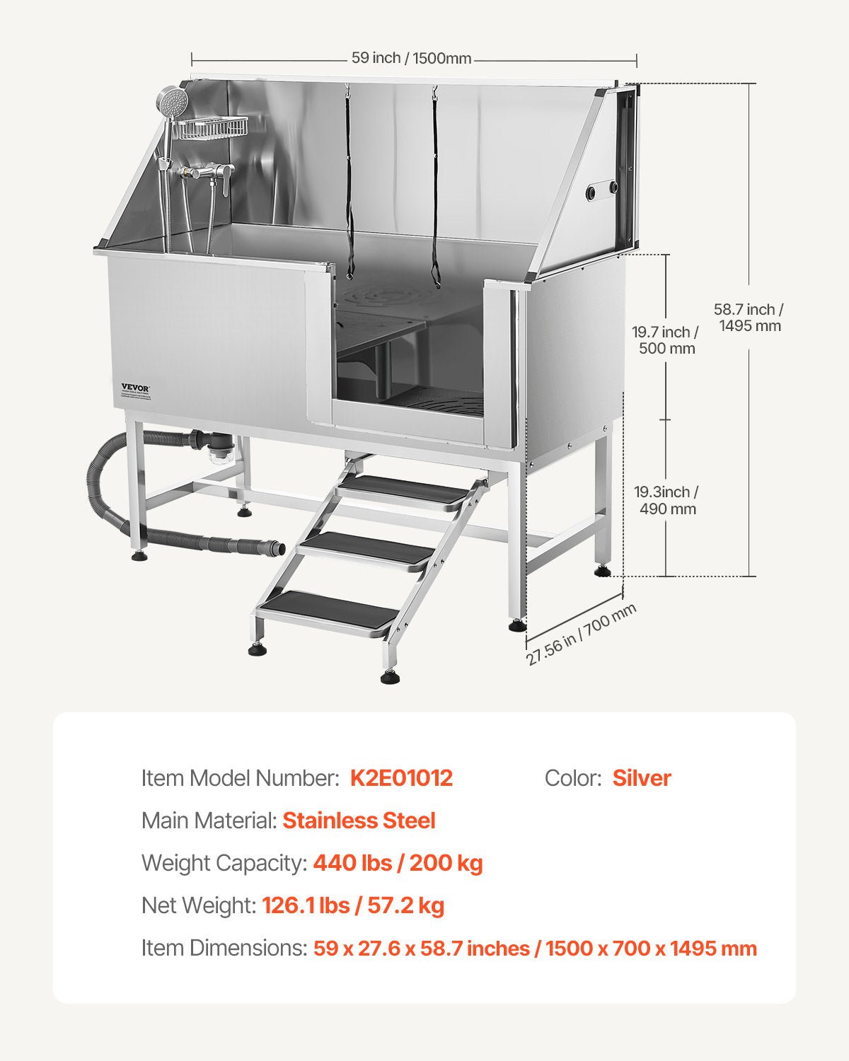 Hundtvättstation i rostfritt stål, 157,48 cm husdjursbadkar med trappor, PE-vattenfilterbräda, kran och duschmunstycke och tvålhållare. Hundbadkar för stora, medelstora och små husdjur (höger dörr)