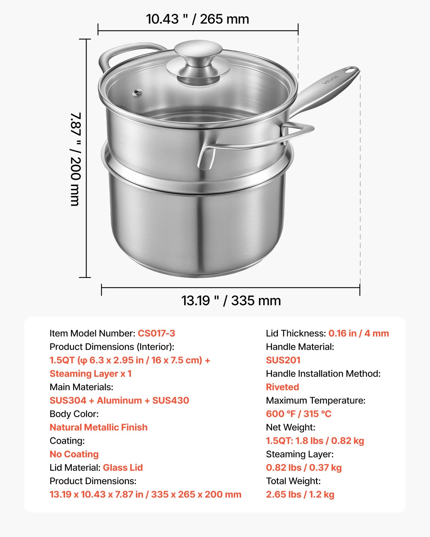 1,5 qt kastrull med ångkokare, kastrull i rostfritt stål med glaslock, multifunktionell nonstick-såsgryta i rostfritt stål med ergonomiskt handtag, lämplig för ugn, diskmaskin, induktionshäll
