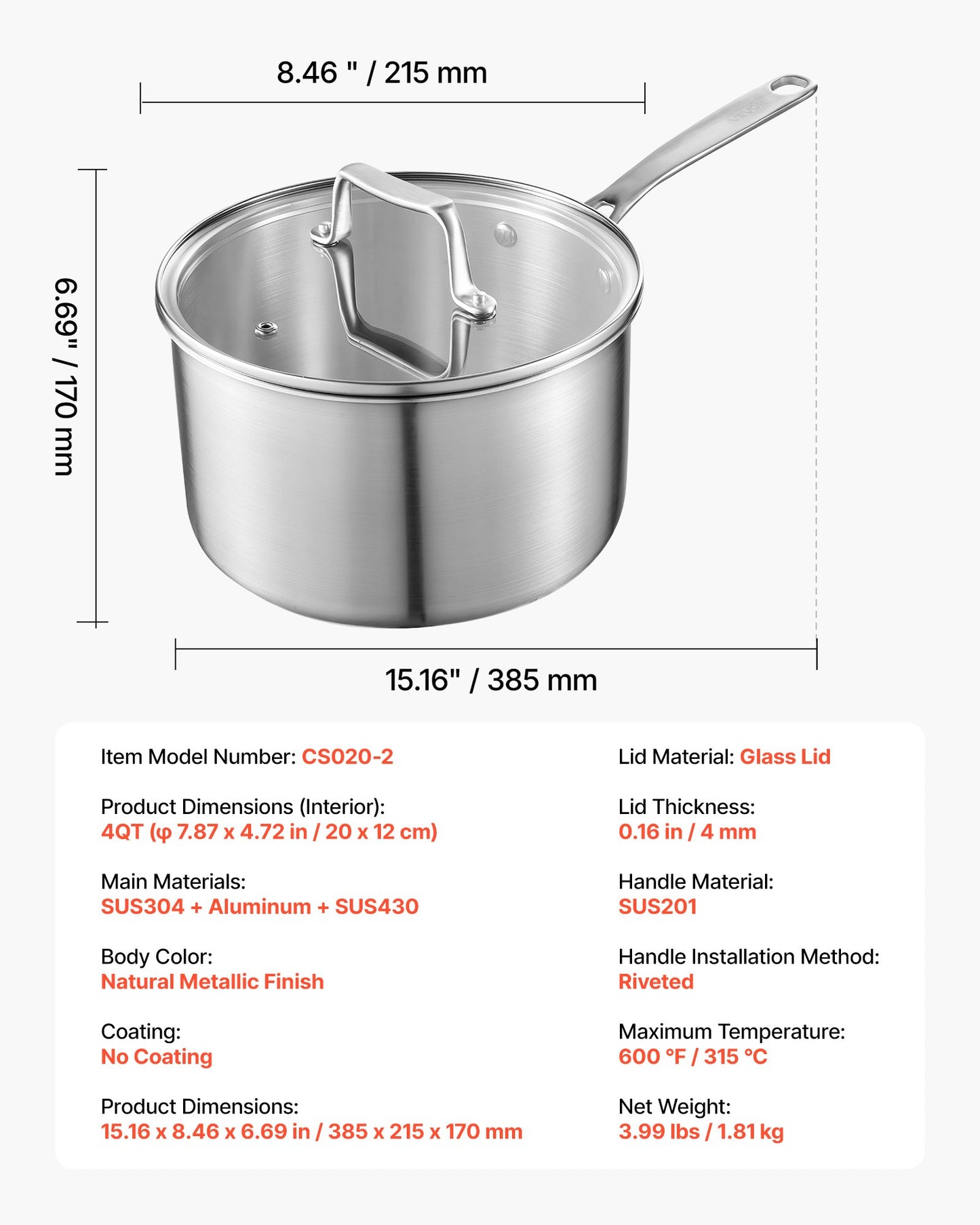 4 QT kastrull, rostfri kastrull med glaslock, multifunktionell nonstick rostfri såsgryta med ergonomiskt handtag, lämplig för ugn, diskmaskin, induktionshäll