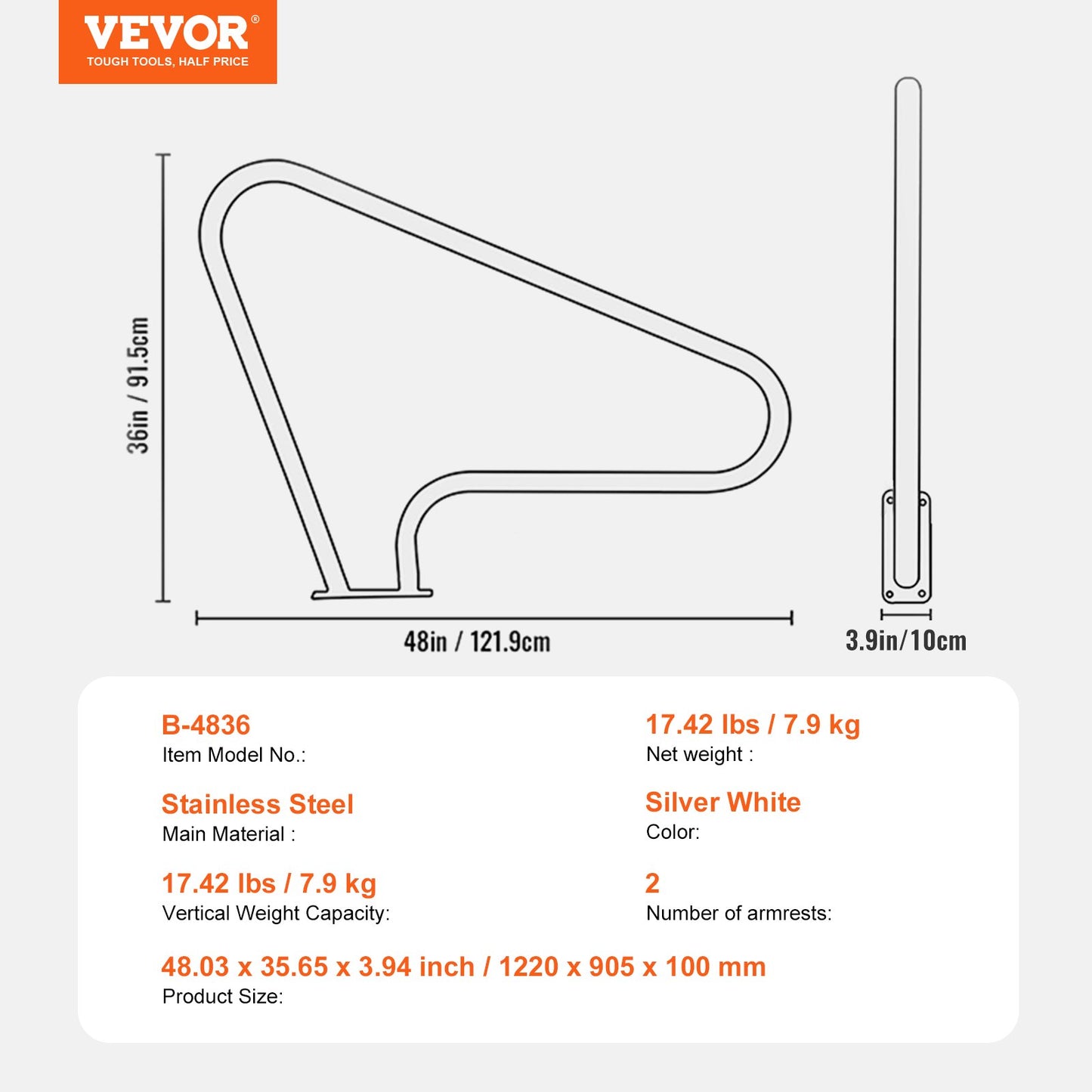 Poolräcke, 2 st. 48x36 tum poolräcke, rostfritt stål med bottenplatta för inomhus-/utomhuspooler, säkerhetsräcke för pooldäck, rostfritt stödhandtag med greppskydd och tillbehör för spa