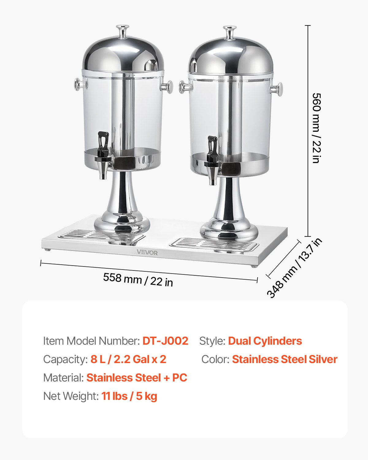 Dryckesdispenser, 8L x 2 dryckesdispensrar för fester, juicedispensrar i rostfritt stål + plast med kran för isbricka, iste-limonaddispensrar, för restauranger, hotell