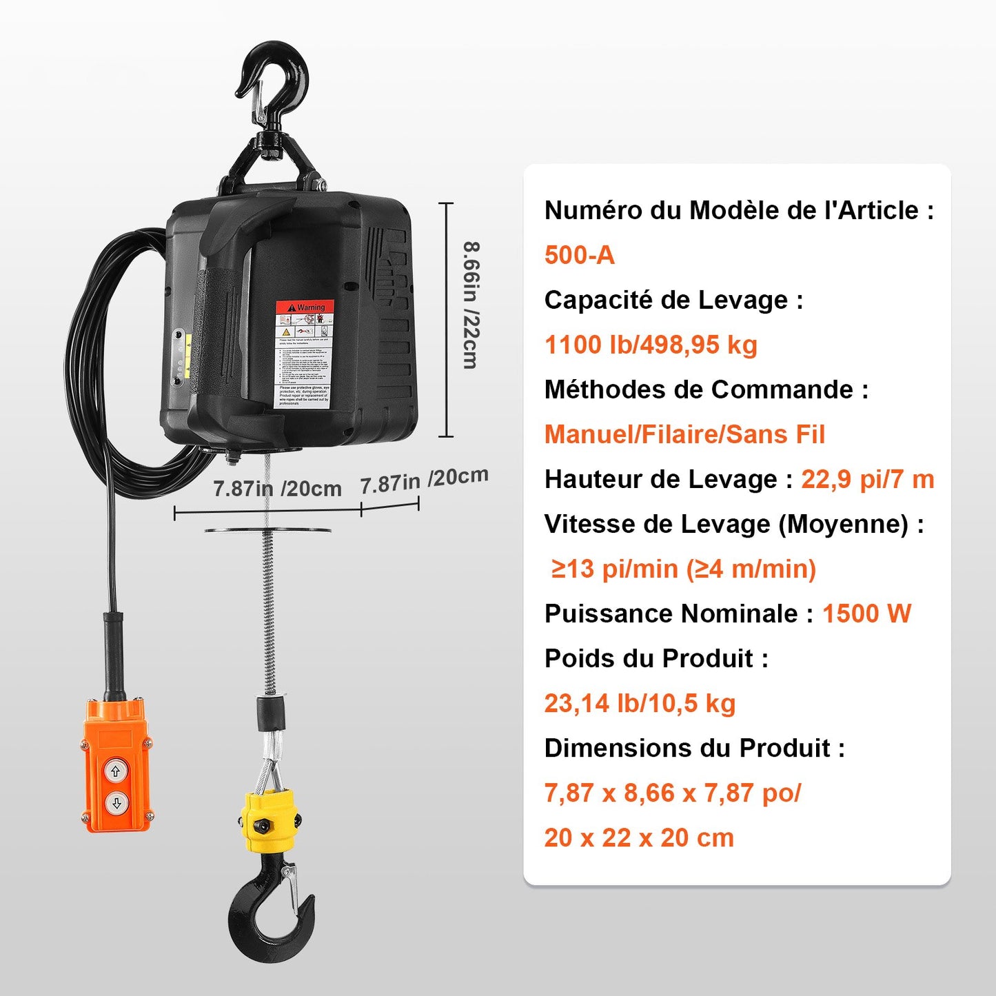3-i-1 bärbar elektrisk vinsch med kabel/trådlös fjärrkontroll, 499 kg